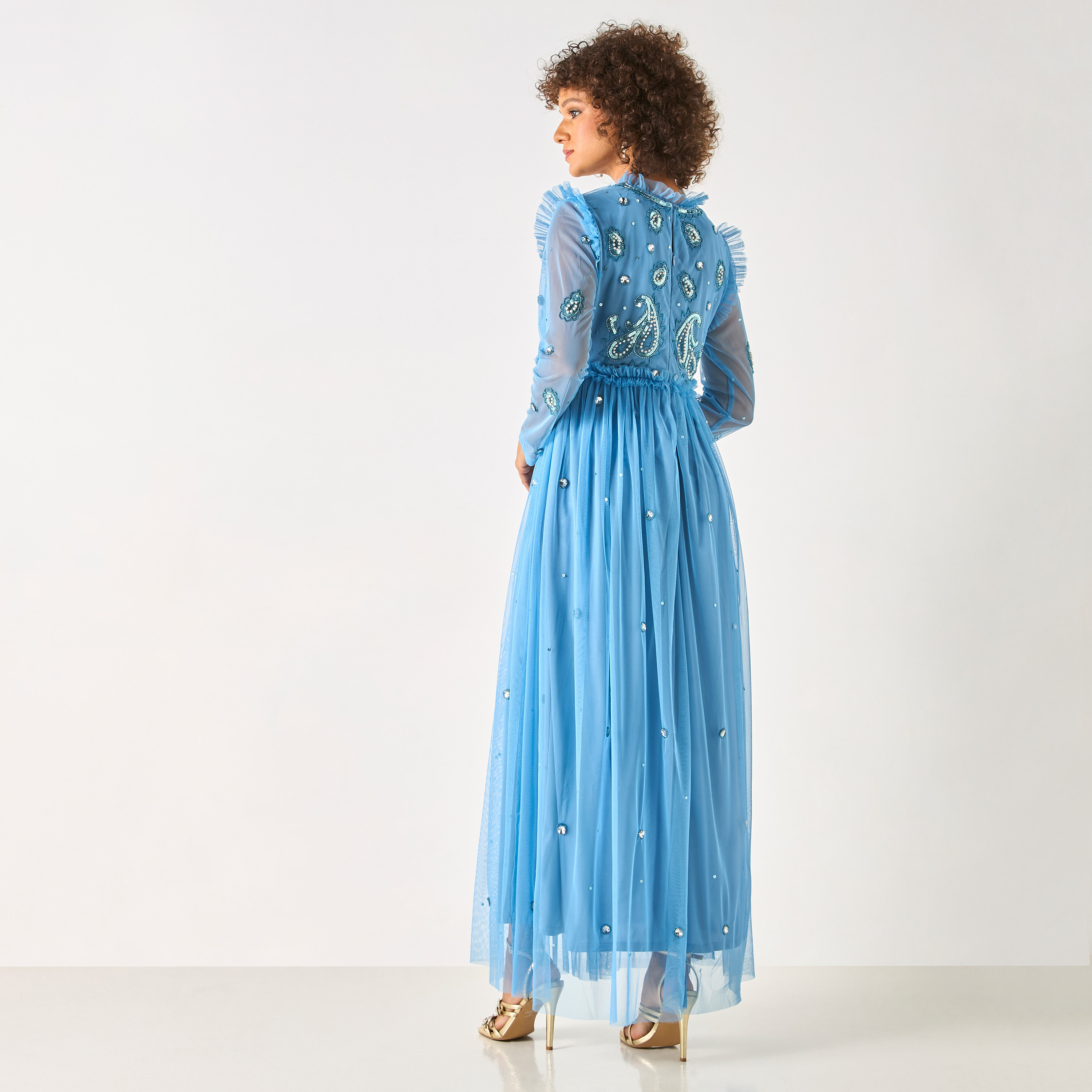 CHARME Stone Embellished Maxi Dress with Round Neck and Ruffle Detail-women-clothing-dresses-image-3