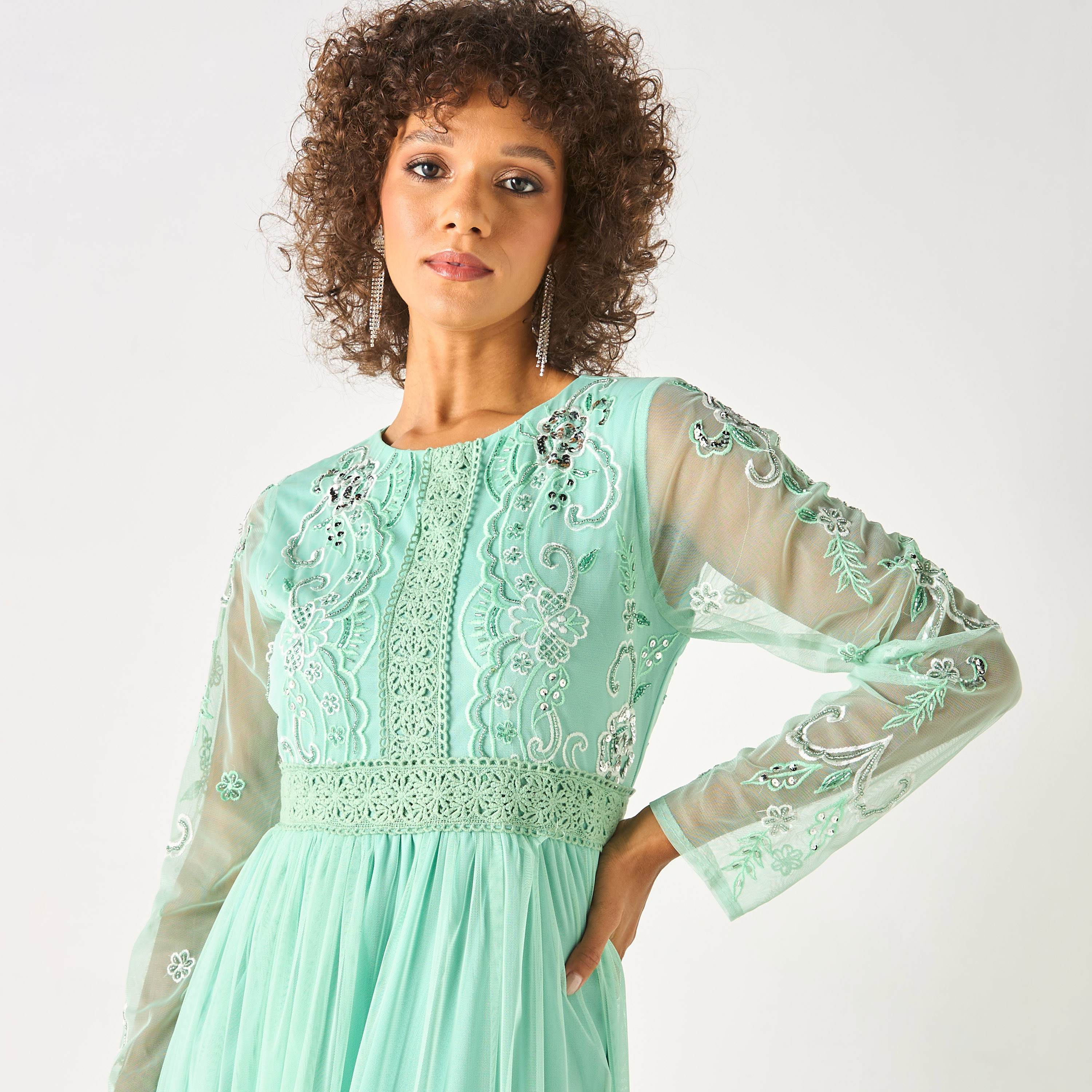 CHARME Embellished Maxi Dress with Round Neck and Long Sleeves-women-clothing-dresses-image-4