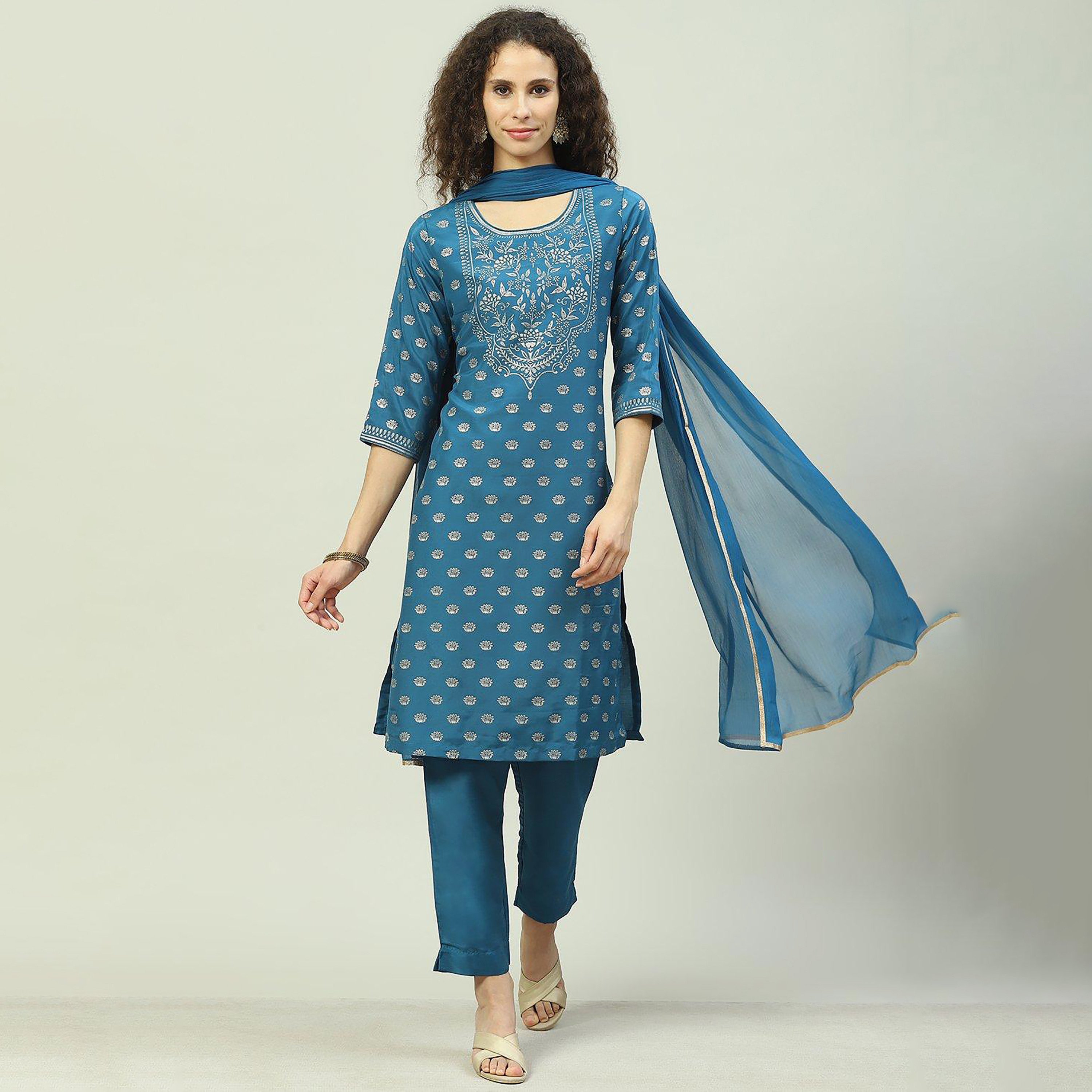 Biba Foil Print 3 Pieces Set Round Neck Kurta with Palazzo and Dupatta-women-clothing-ethnicwear-salwarsuits-image-1