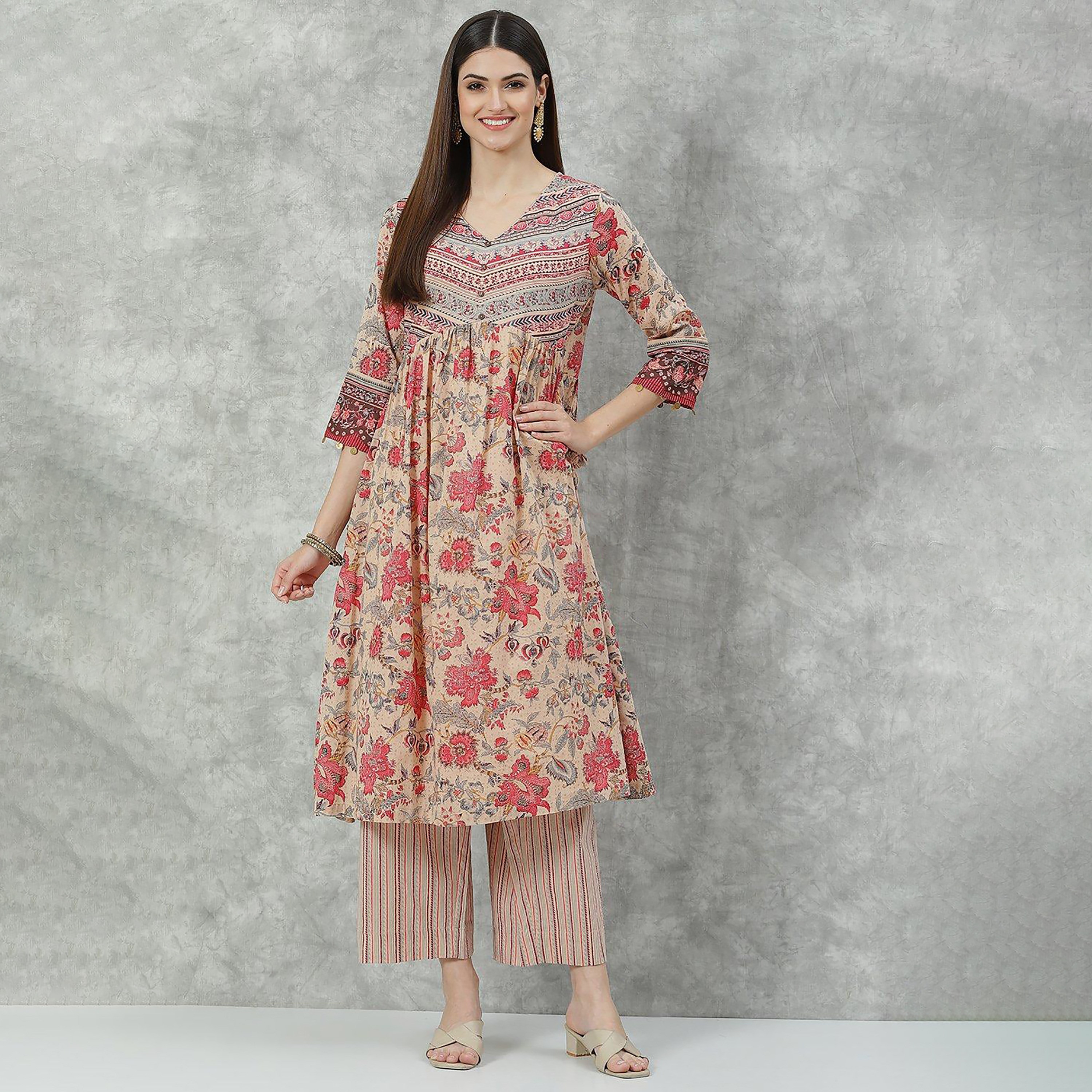 Biba Printed 2 Pieces Set Cotton V-Neck Kurta and Pants with Sequins Detail-women-clothing-ethnicwear-salwarsuits-image-1