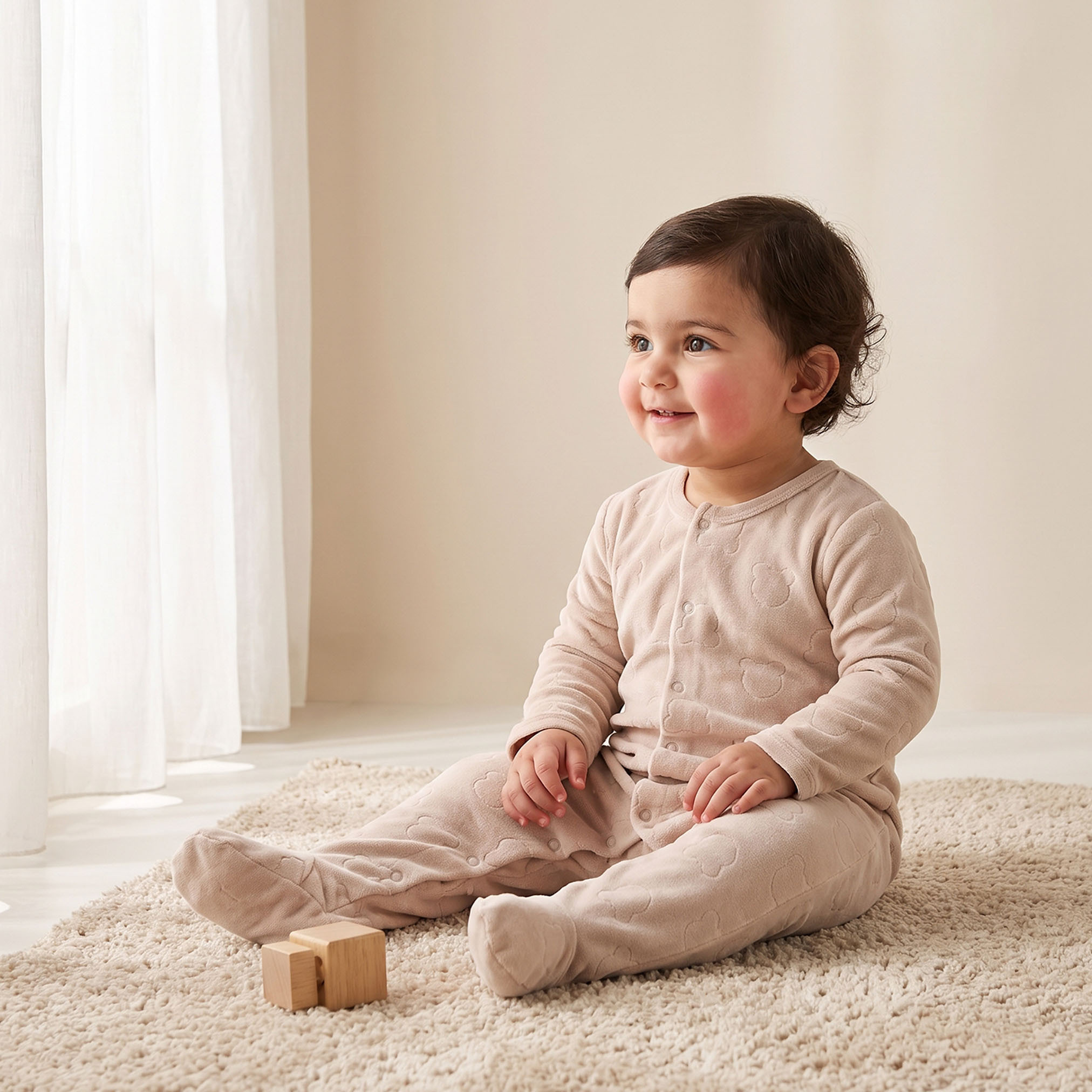 Juniors Velour Crew Neck Long Sleeves Sleepsuit with Bear Texture-baby-girls-clothing-nightwear-sleepsuits-image-1