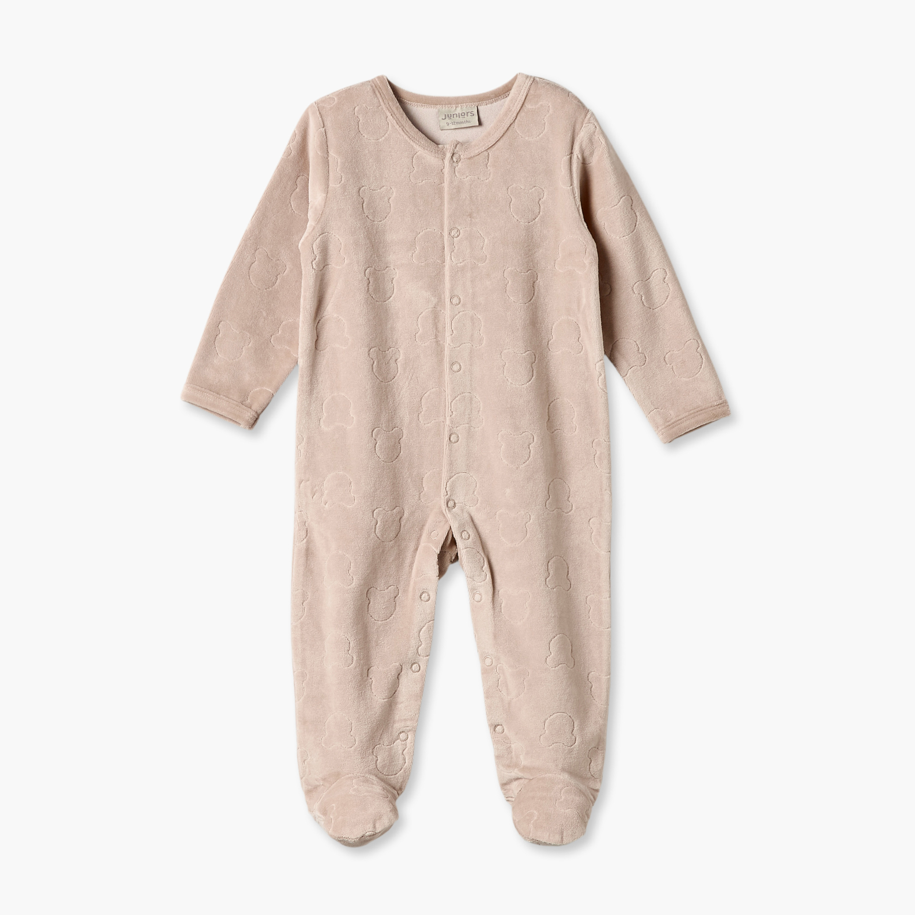 Juniors Velour Crew Neck Long Sleeves Sleepsuit with Bear Texture-baby-girls-clothing-nightwear-sleepsuits-image-2