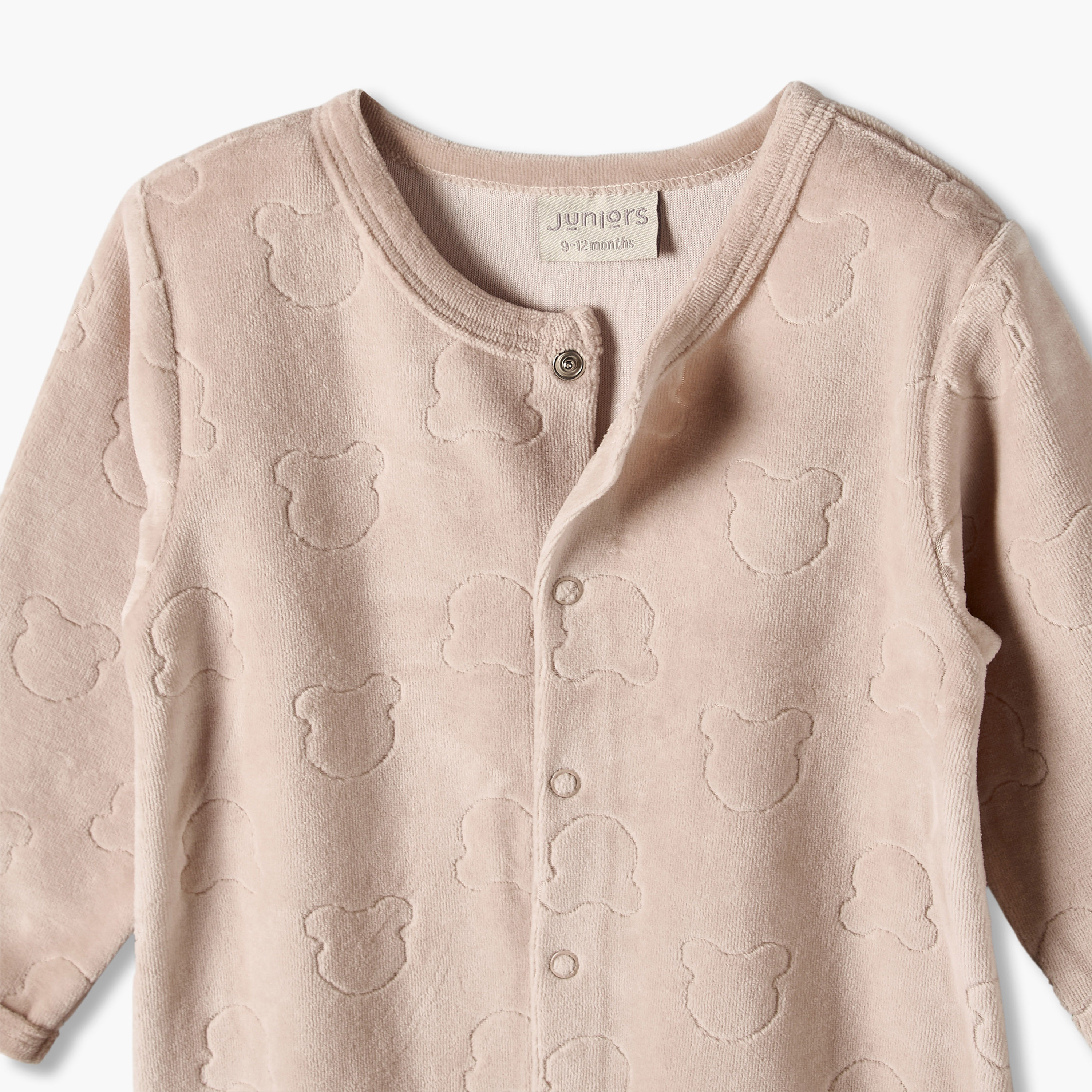 Juniors Velour Crew Neck Long Sleeves Sleepsuit with Bear Texture-baby-girls-clothing-nightwear-sleepsuits-image-4
