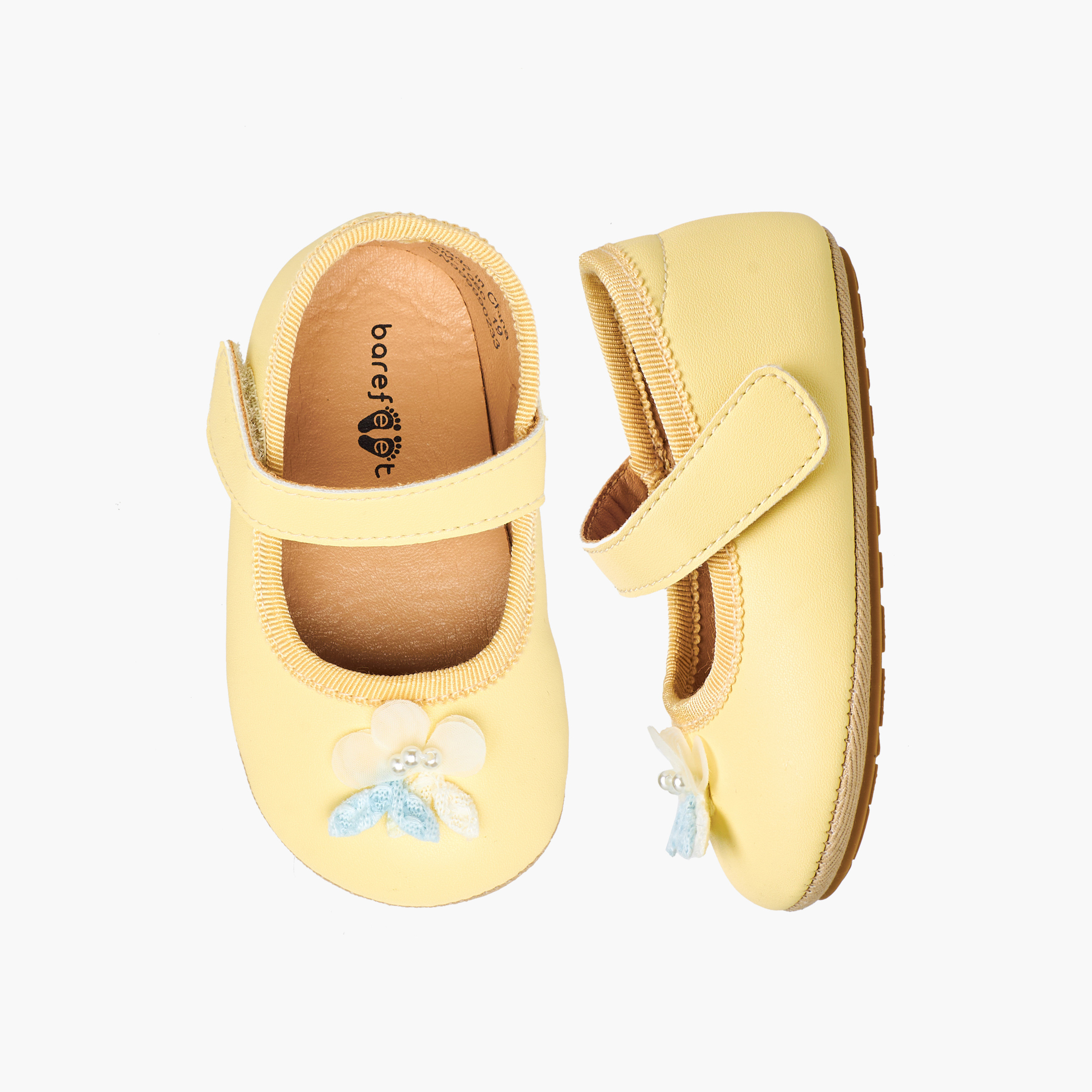 Barefeet Mary Jane Shoes with Hook & Loop Closure, Floral Accent-baby-girls-shoes-booties-image-1