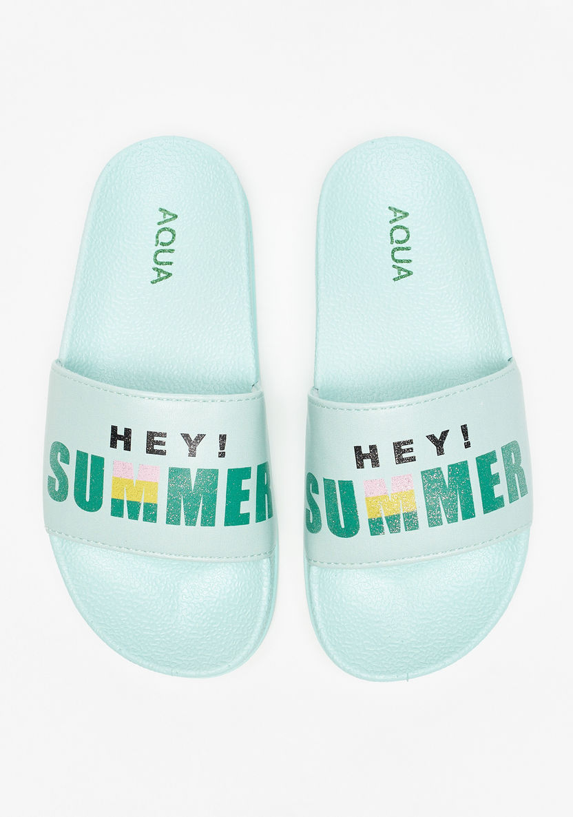 Aqua Typography Print Slip-On Slides-Girl%27s Flip Flops & Beach Slippers-image-0