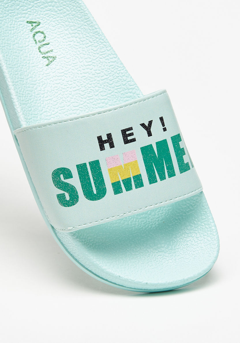 Aqua Typography Print Slip-On Slides-Girl%27s Flip Flops & Beach Slippers-image-3