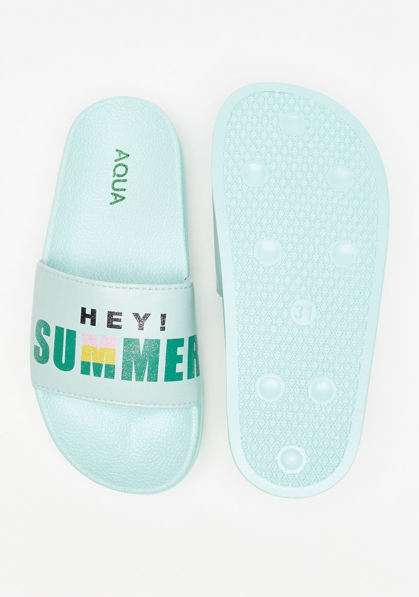 Aqua Typography Print Slip-On Slides-Girl%27s Flip Flops & Beach Slippers-image-4