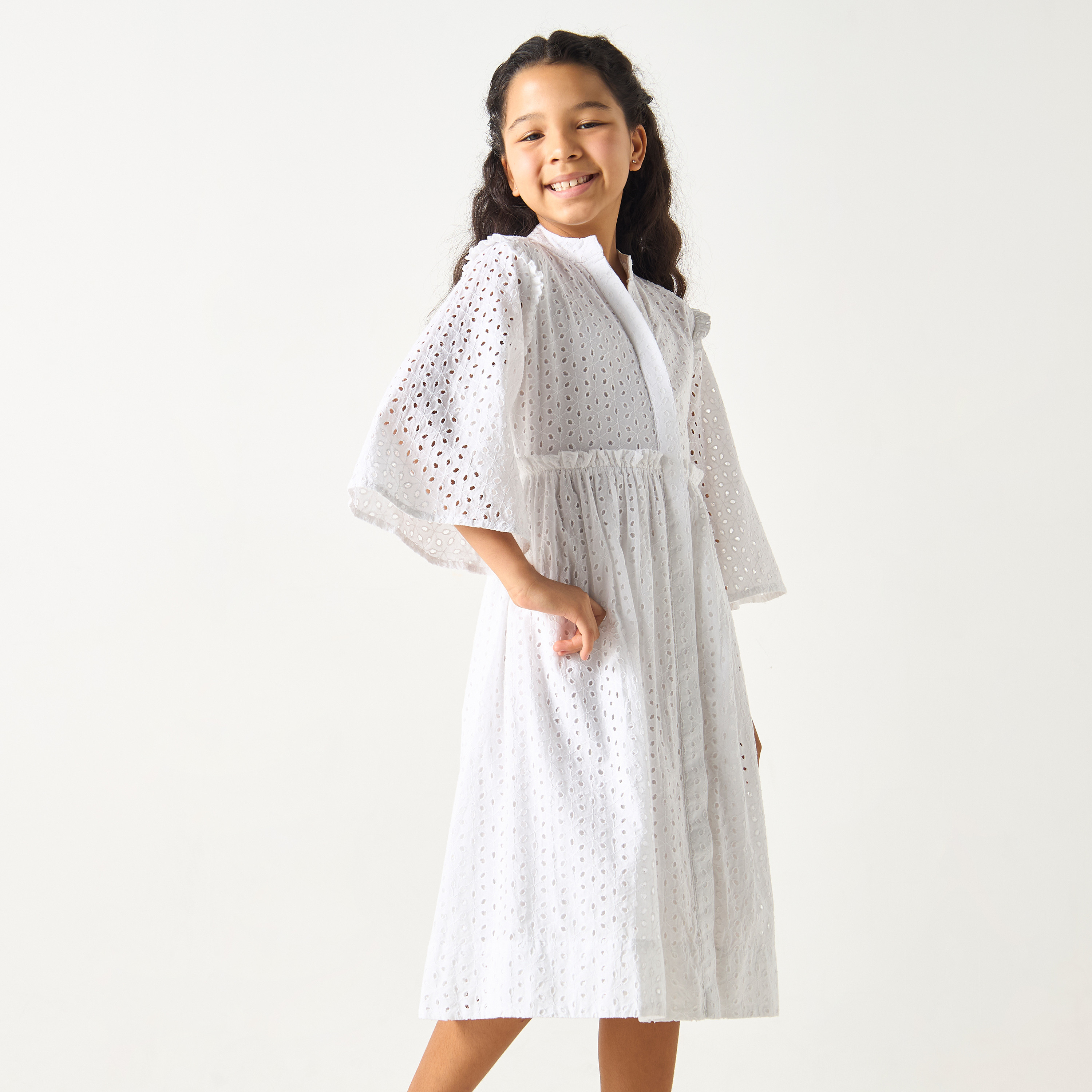 Si Noir Schiffli Shirt Dress with 3/4 Sleeves and Ruffle Detail - for Girl-girls-clothing-dressesandjumpsuits-image-3