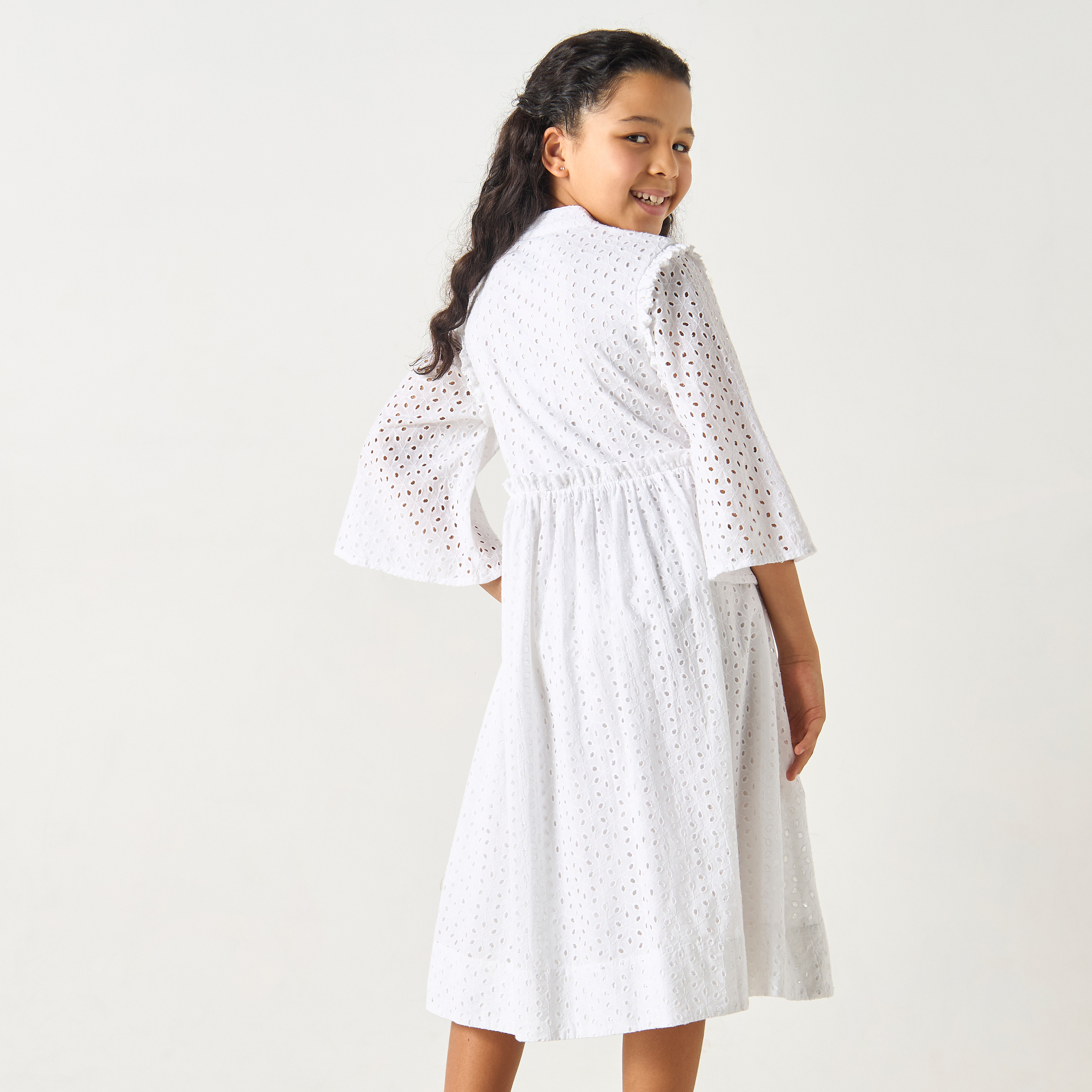 Si Noir Schiffli Shirt Dress with 3/4 Sleeves and Ruffle Detail - for Girl-girls-clothing-dressesandjumpsuits-image-5