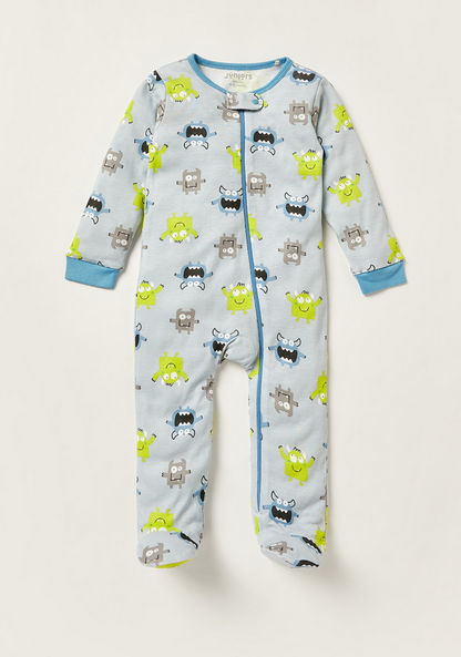 Juniors Monster Print Closed Feet Sleepsuit with Round Neck and Long Sleeves