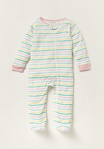 Juniors Striped Closed Feet Sleepsuit with Round Neck and Long Sleeves-Sleepsuits-image-0