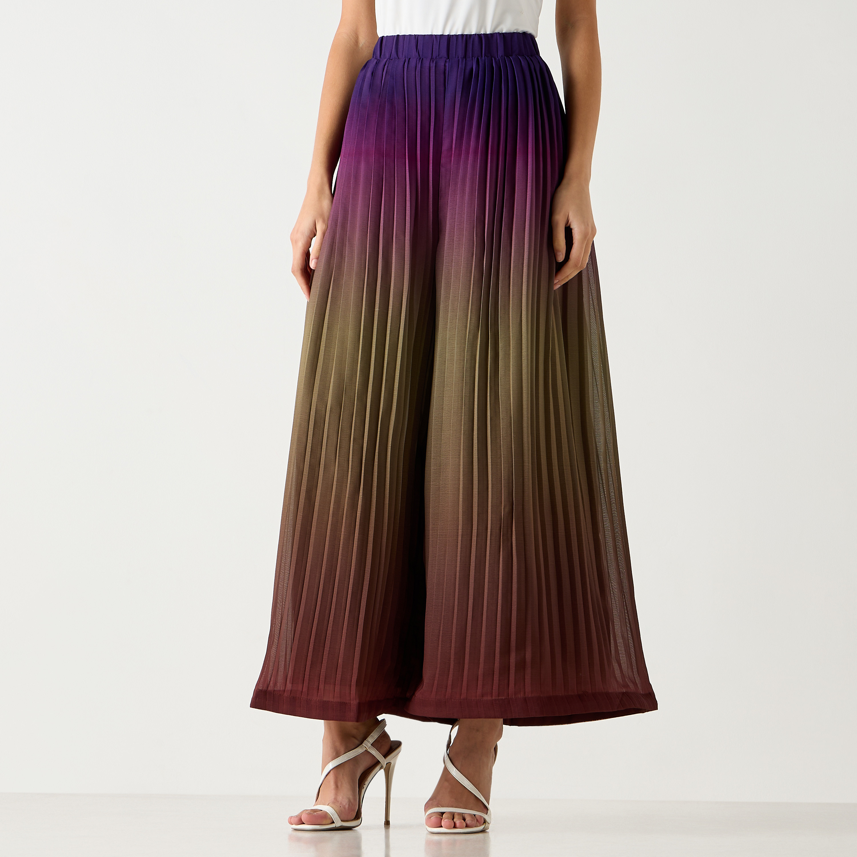بنطلون أومبري واسع الساق بكسرات وخصر مطاطي من سي نوار-women-clothing-bottoms-trousers-image-1