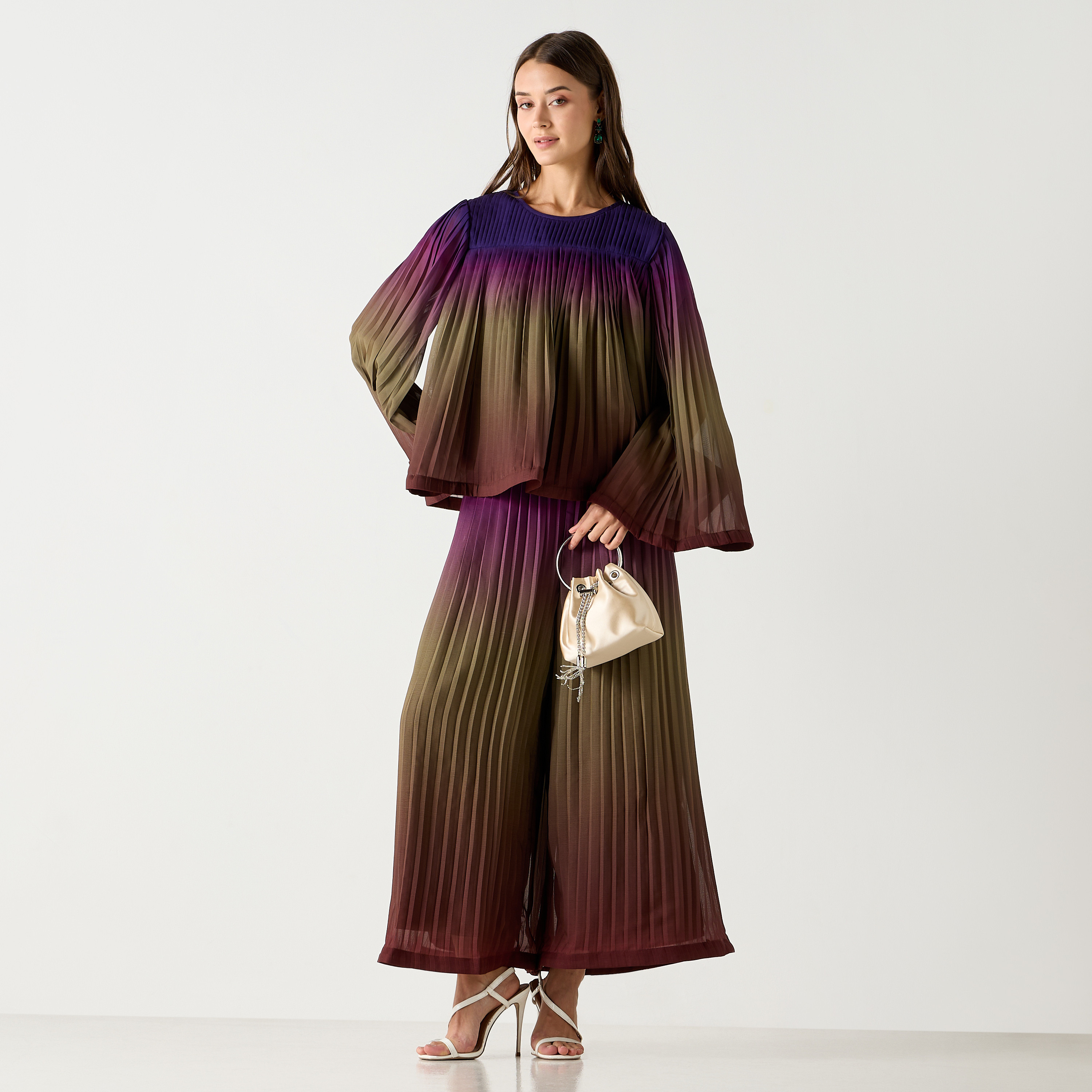 بنطلون أومبري واسع الساق بكسرات وخصر مطاطي من سي نوار-women-clothing-bottoms-trousers-image-2