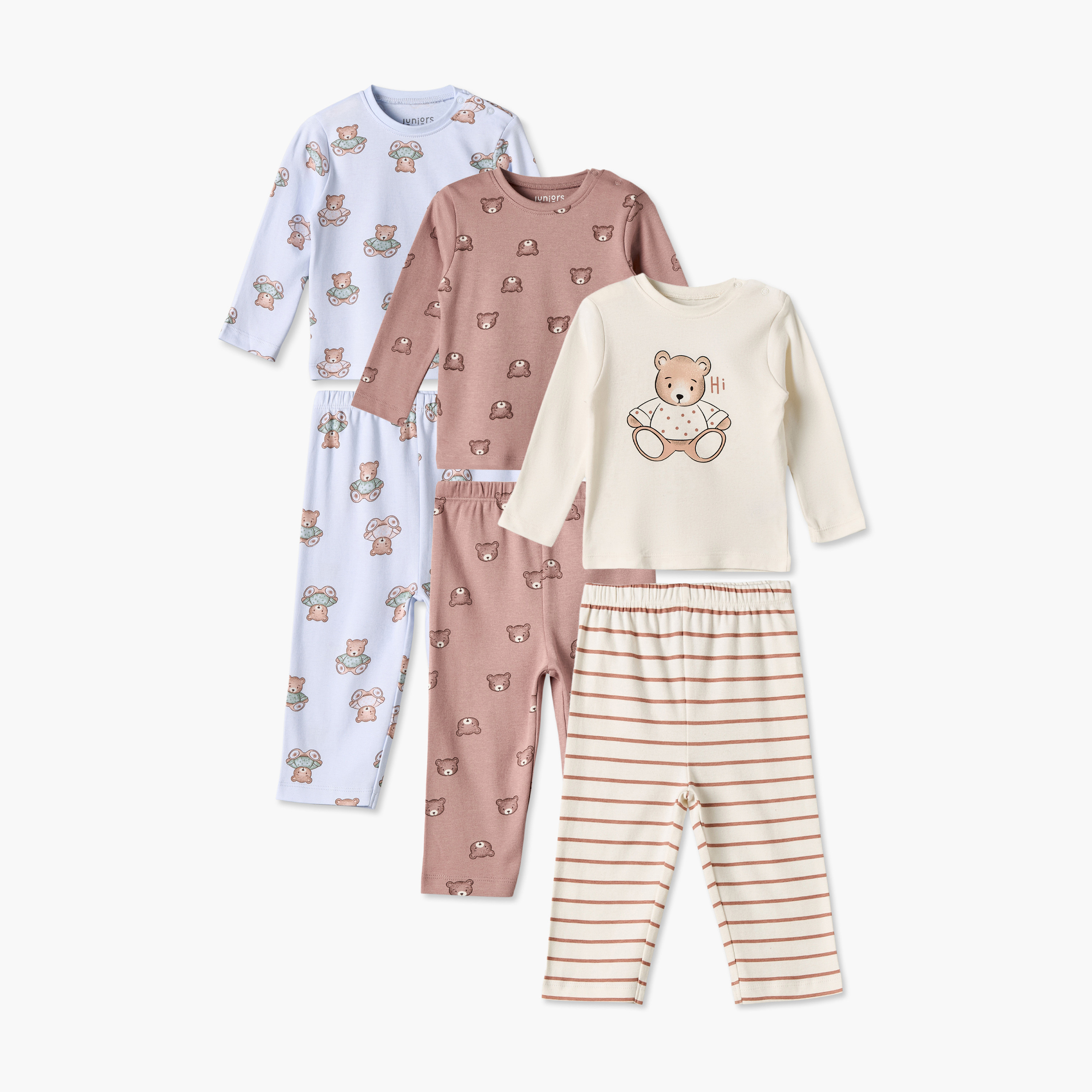 Pack of 3 Juniors Cotton Crew Neck Long Sleeves Pyjama Set with Teddy Bear Print-baby-girls-clothing-nightwear-pyjamasets-image-1