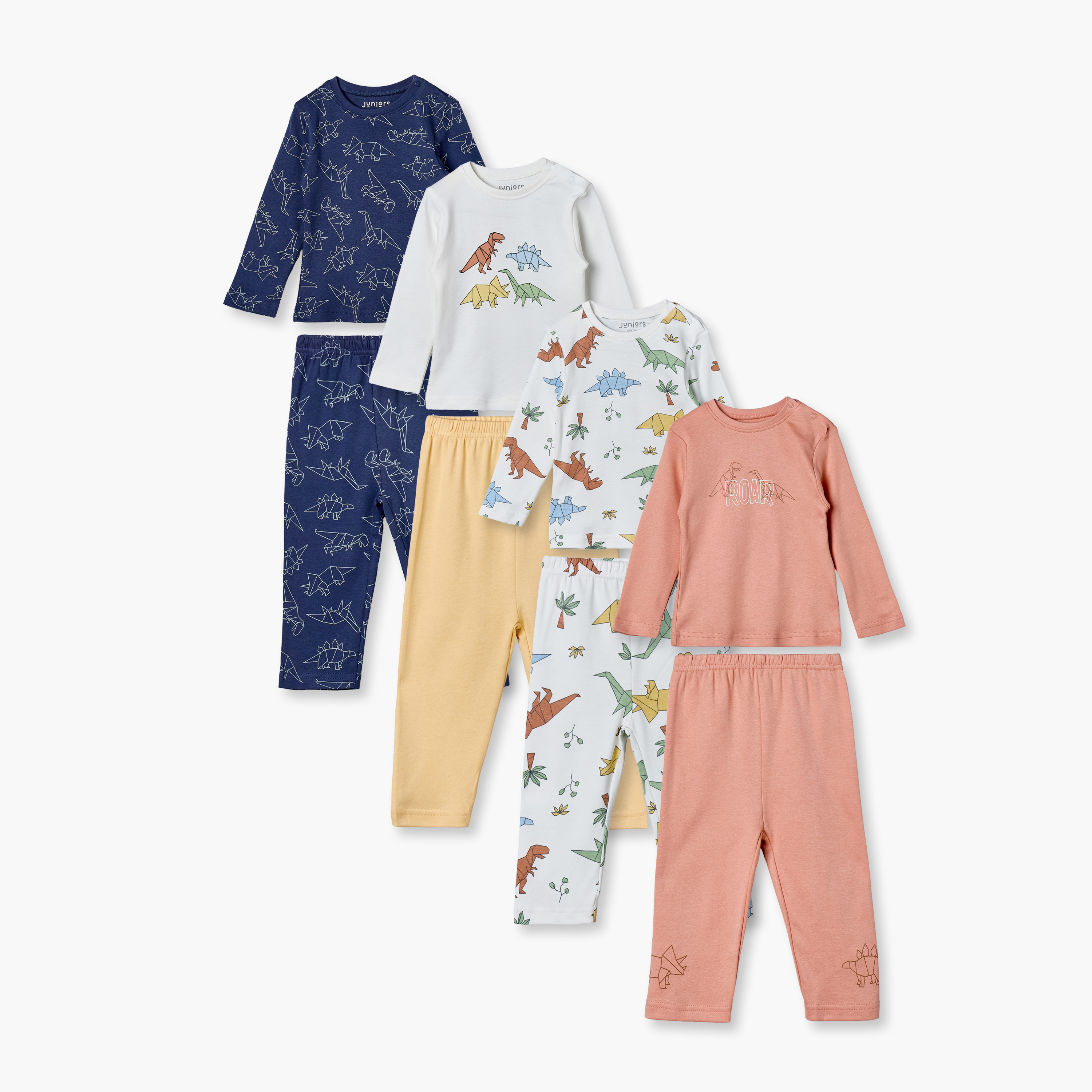Pack of 4 Juniors Crew Neck Long Sleeves Pyjama Set with Dinosaur Print-baby-boys-clothing-nightwear-pyjamasets-image-1