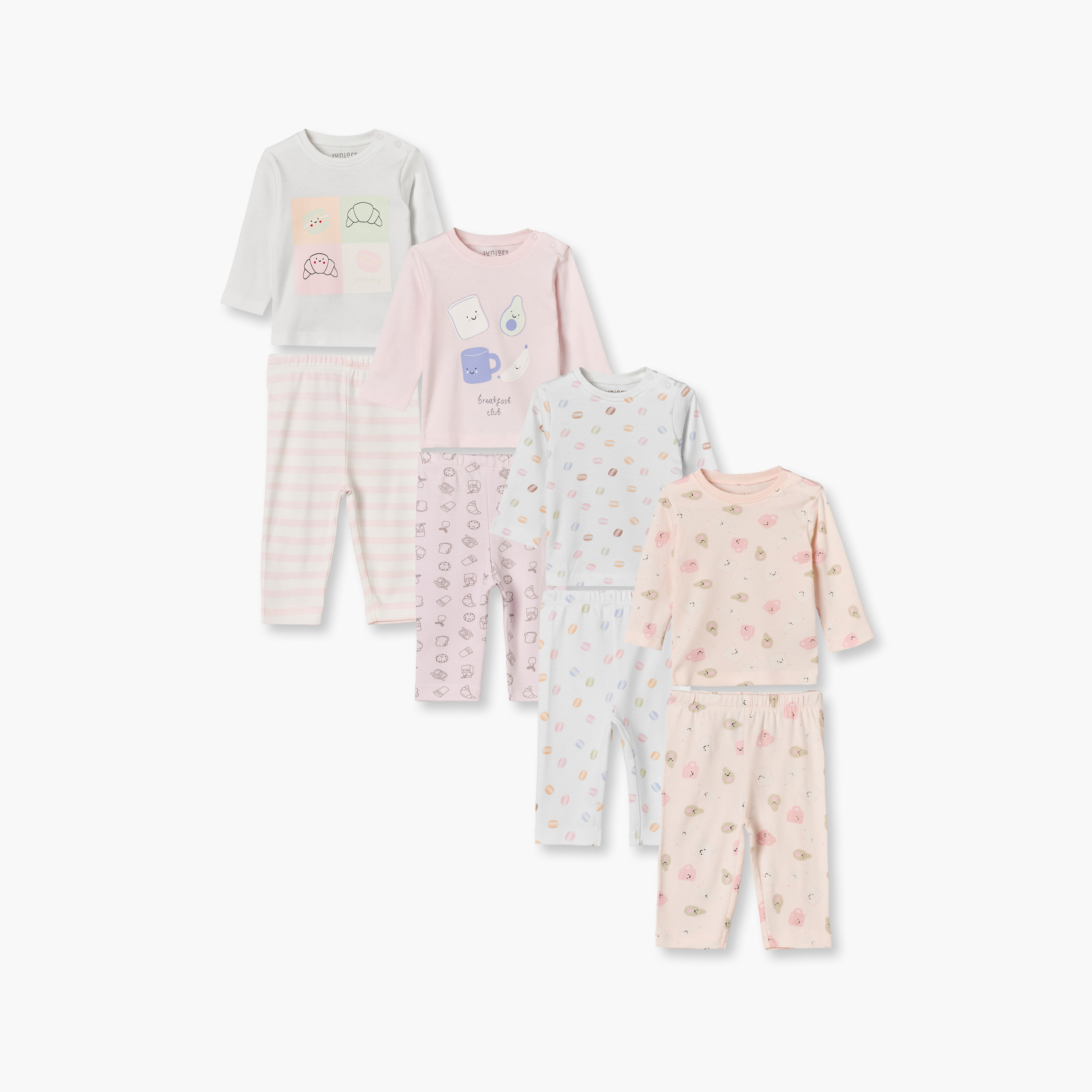 Pack of 4 Juniors Cotton Crew Neck Long Sleeves Pyjama Set with Breakfast Print-baby-girls-clothing-nightwear-pyjamasets-image-1