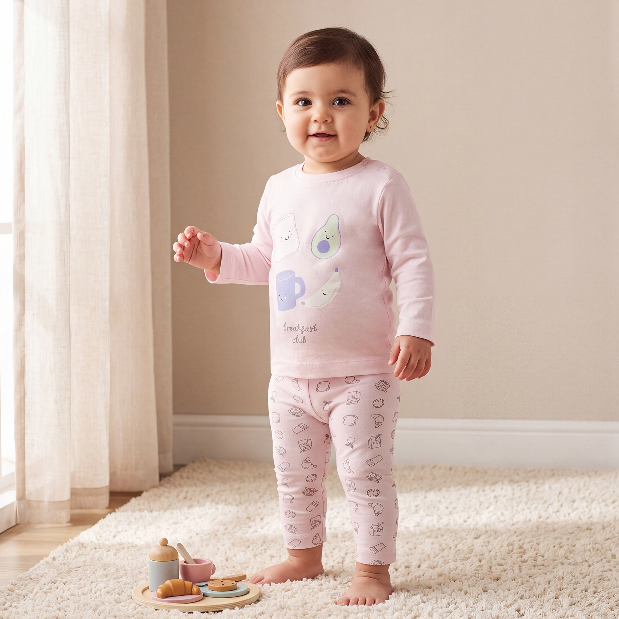 Pack of 4 Juniors Cotton Crew Neck Long Sleeves Pyjama Set with Breakfast Print-baby-girls-clothing-nightwear-pyjamasets-image-2