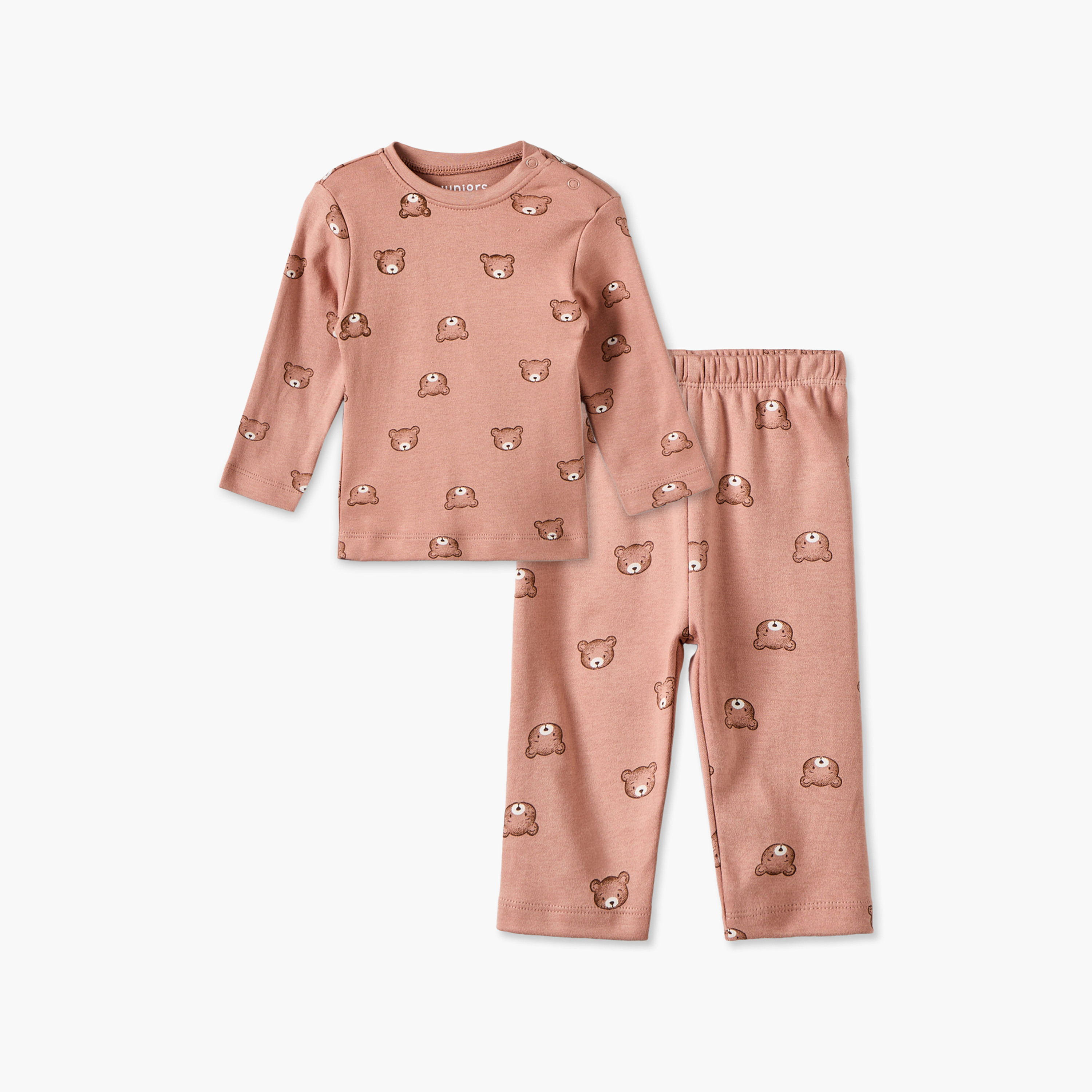 Juniors Cotton Crew Neck Long Sleeves Pyjama Set with Teddy Bear Print-baby-girls-clothing-nightwear-pyjamasets-image-2