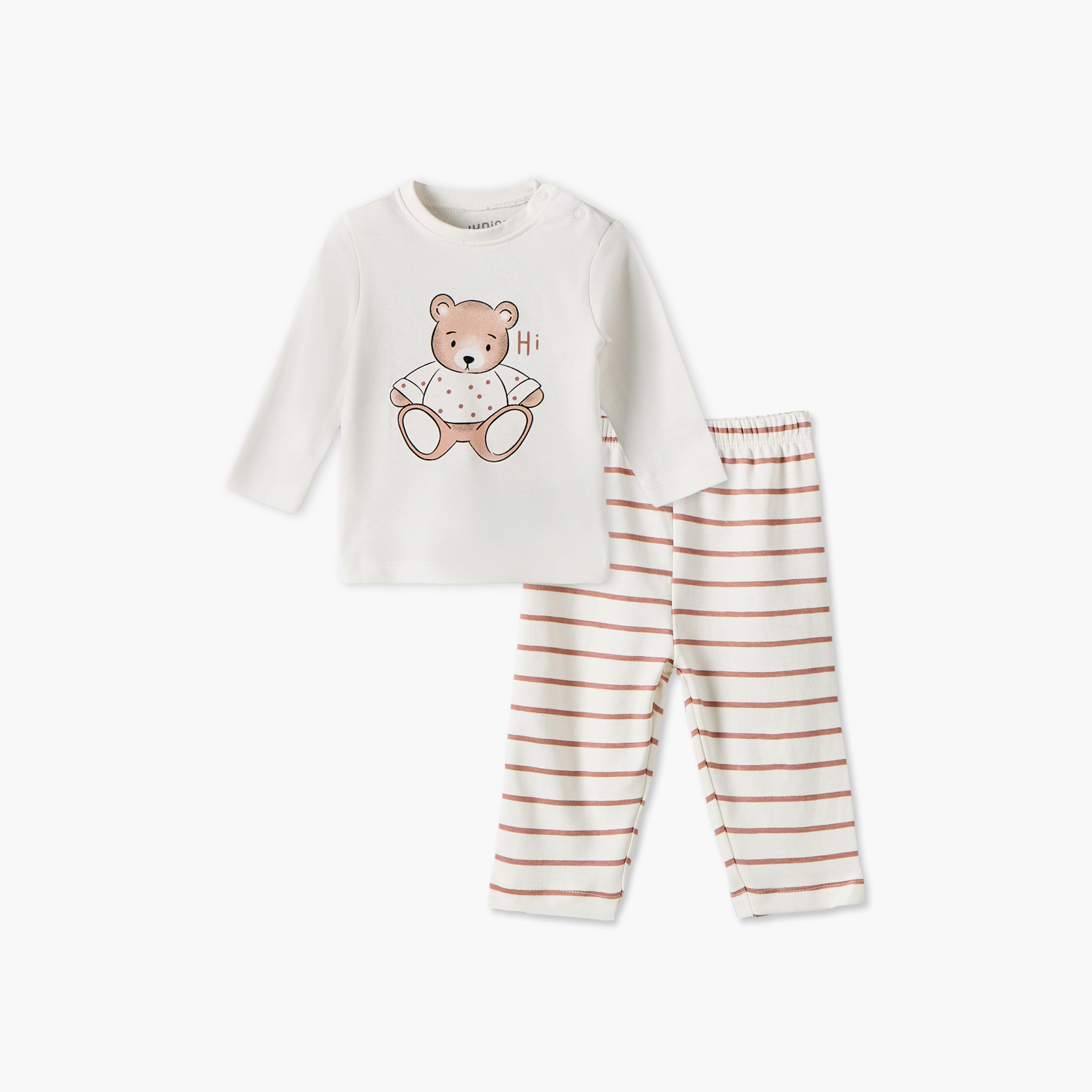 Juniors Cotton Crew Neck Long Sleeves Pyjama Set with Teddy Bear Print-baby-girls-clothing-nightwear-pyjamasets-image-2