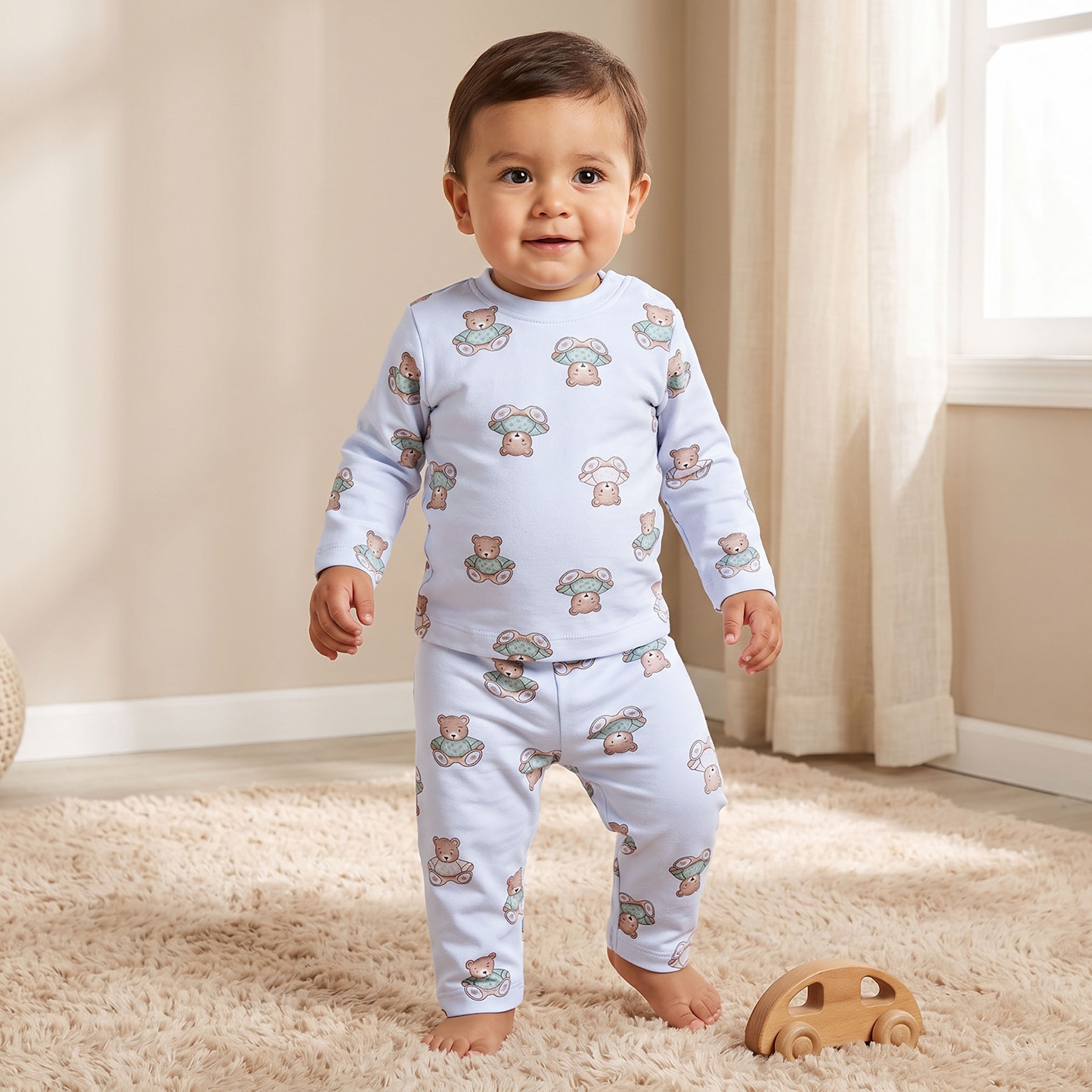 Juniors Cotton Crew Neck Long Sleeves Pyjama Set with Teddy Bear Print-baby-girls-clothing-nightwear-pyjamasets-image-1