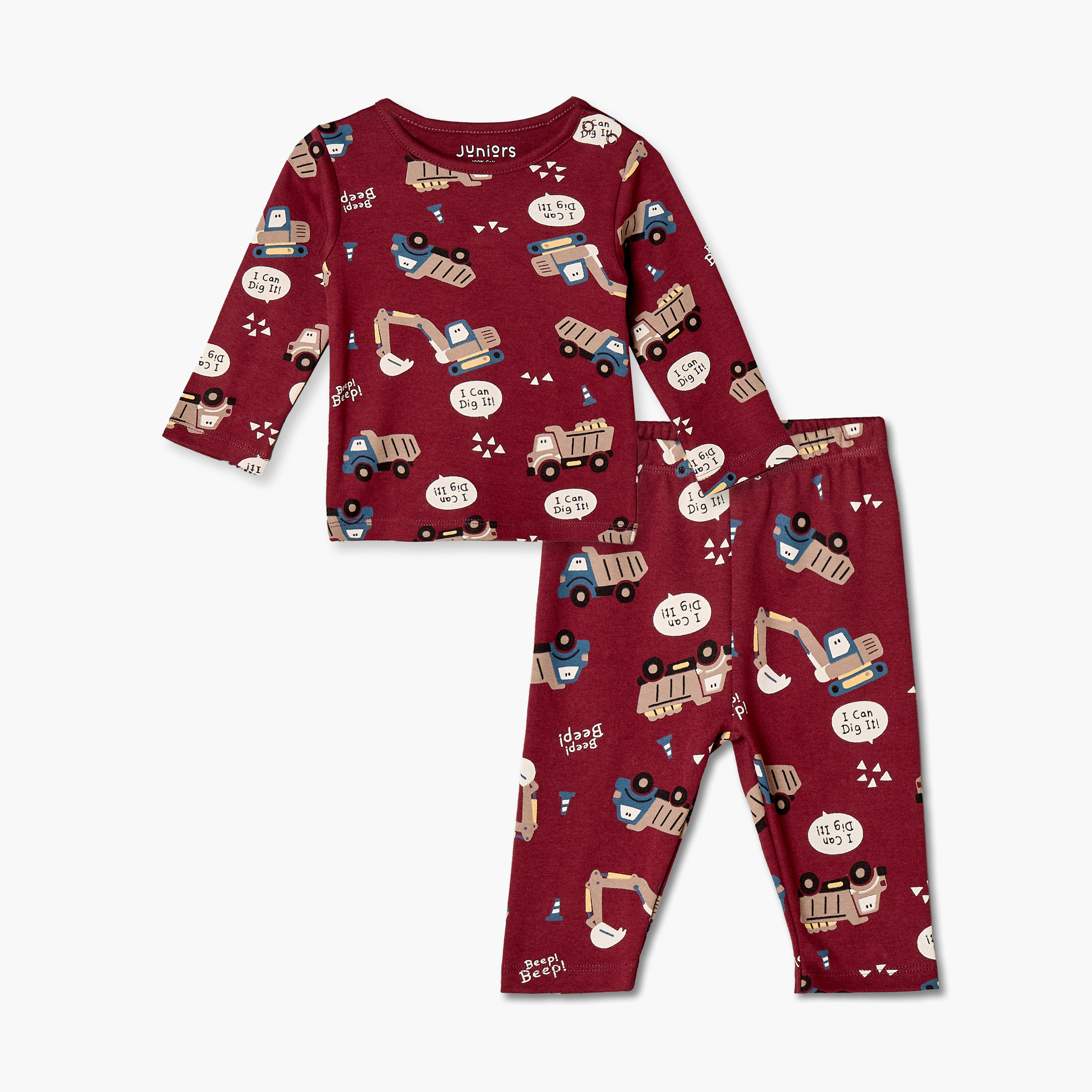 Juniors Cotton Crew Neck Long Sleeves Pyjama Set with Construction Vehicle Print-baby-boys-clothing-nightwear-pyjamasets-image-1