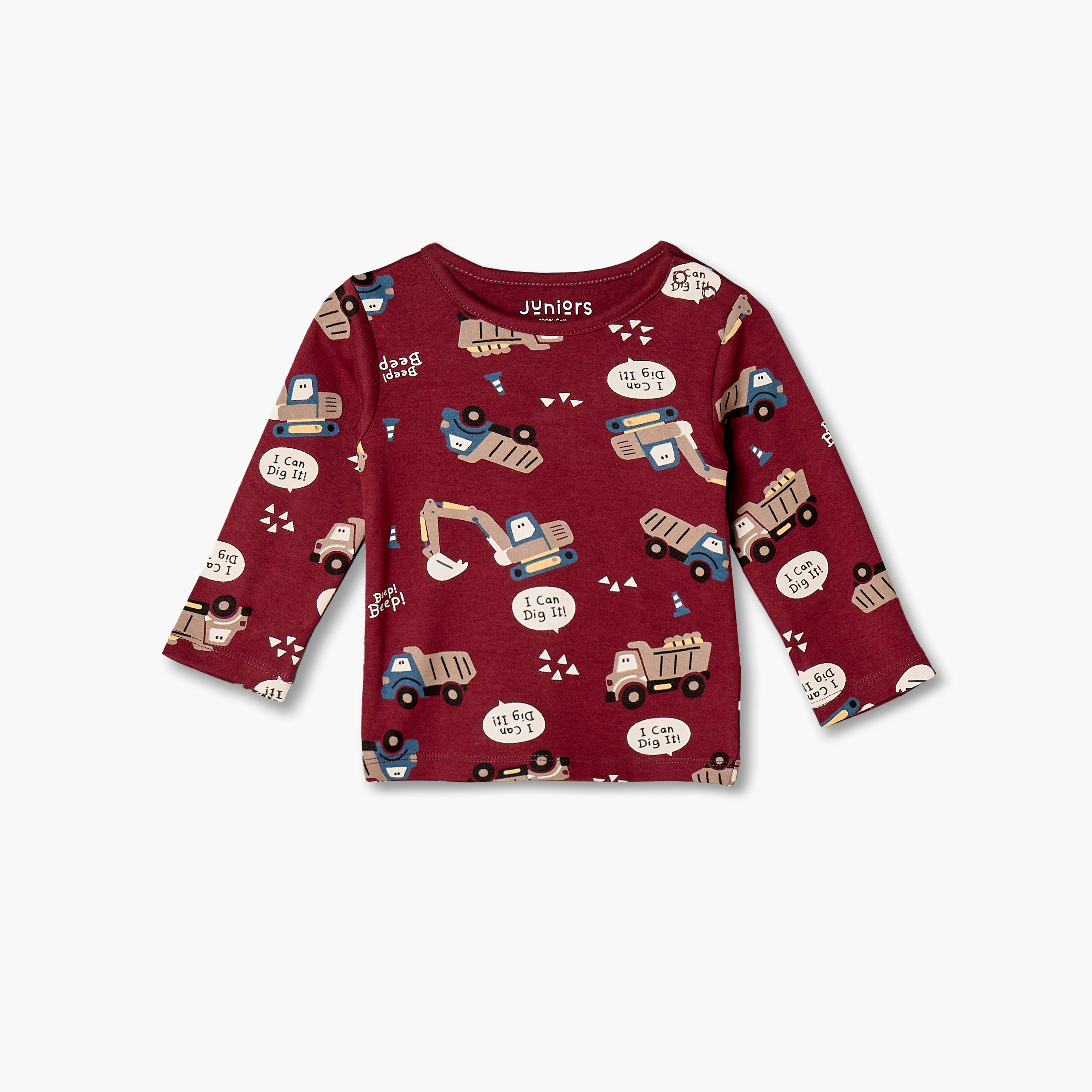 Juniors Cotton Crew Neck Long Sleeves Pyjama Set with Construction Vehicle Print-baby-boys-clothing-nightwear-pyjamasets-image-2