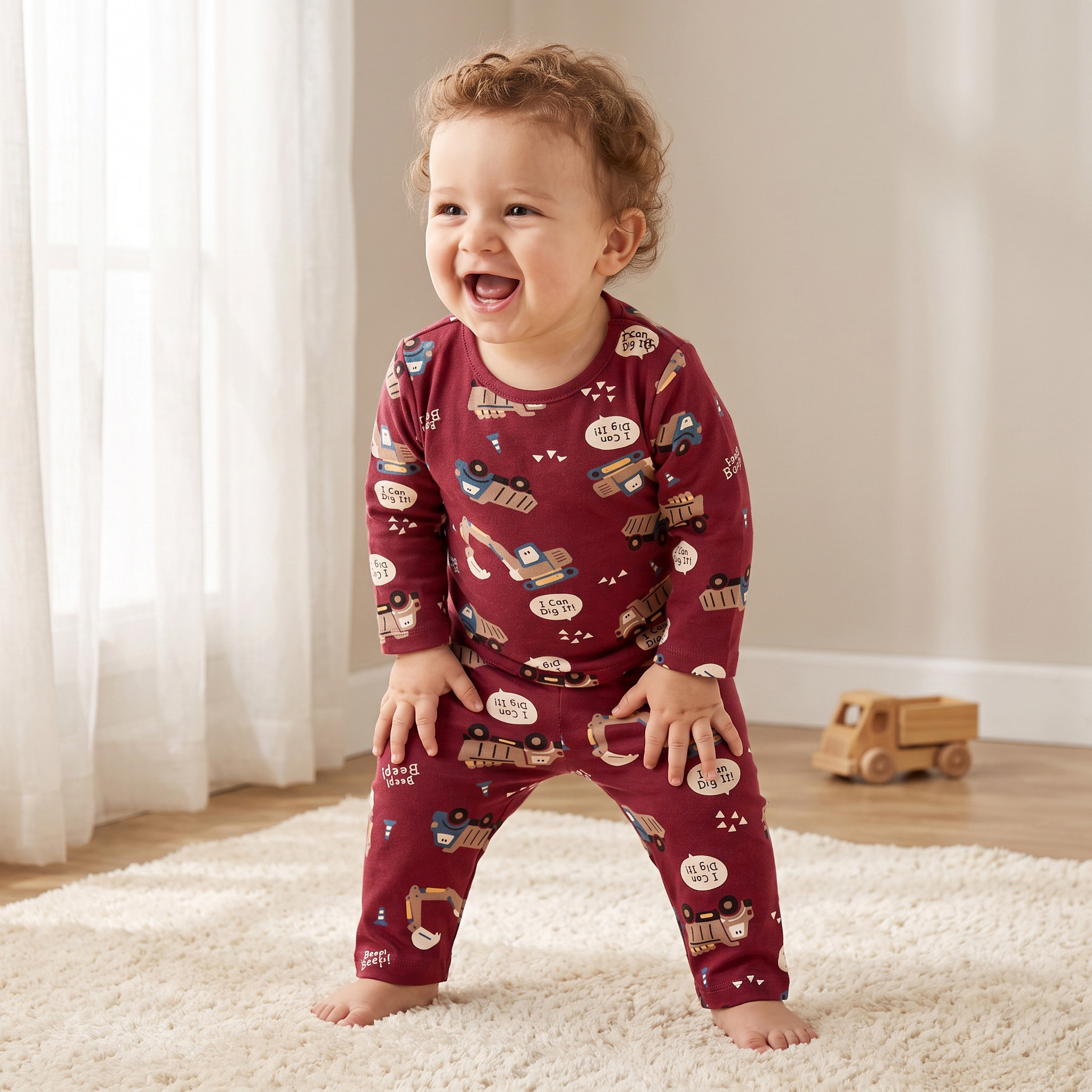 Juniors Cotton Crew Neck Long Sleeves Pyjama Set with Construction Vehicle Print-baby-boys-clothing-nightwear-pyjamasets-image-1