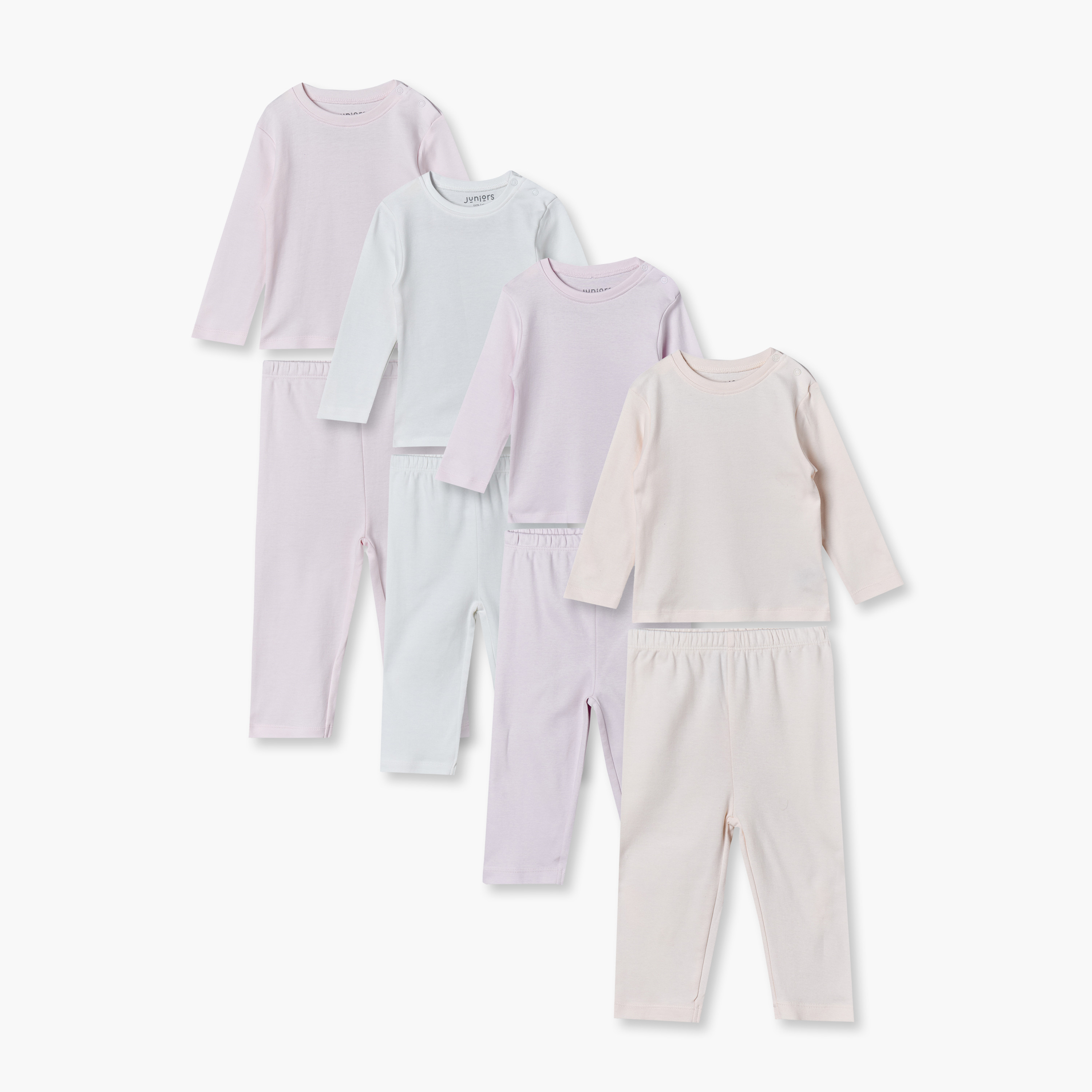 طقم بيجامات قطنية بياقة مستديرة وأكمام طويلة بكباسين من جونيورز - 4 أطقم-baby-girls-clothing-nightwear-pyjamasets-image-1