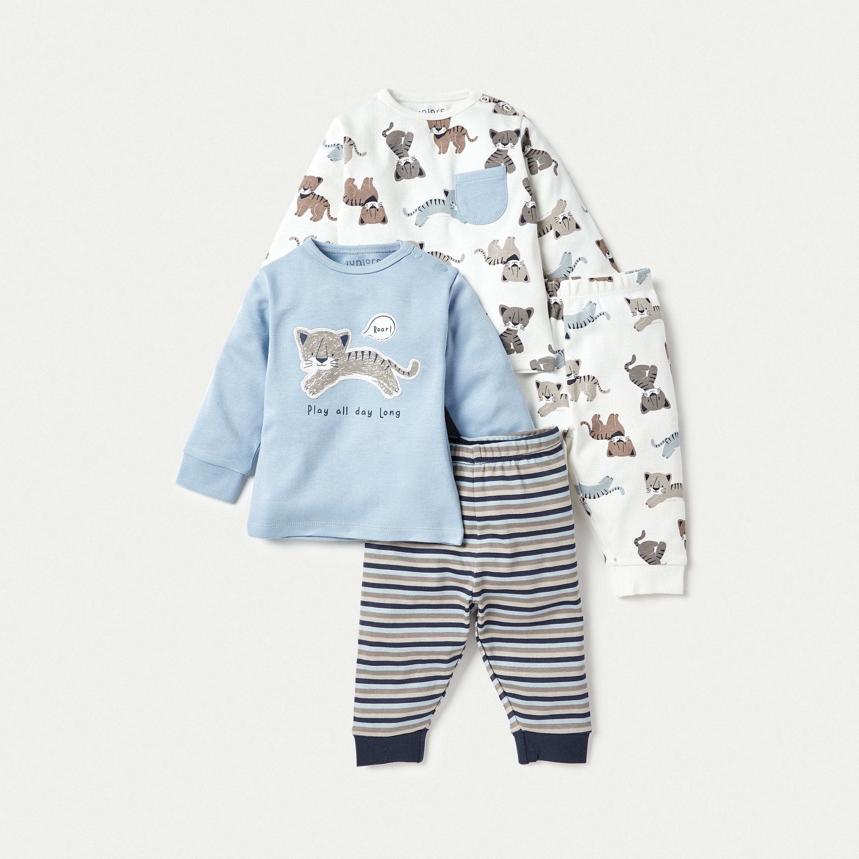 Juniors Cat Print Long Sleeves T-shirt with Pyjamas - Set of 2-baby-boys-clothing-nightwear-pyjamasets-image-1