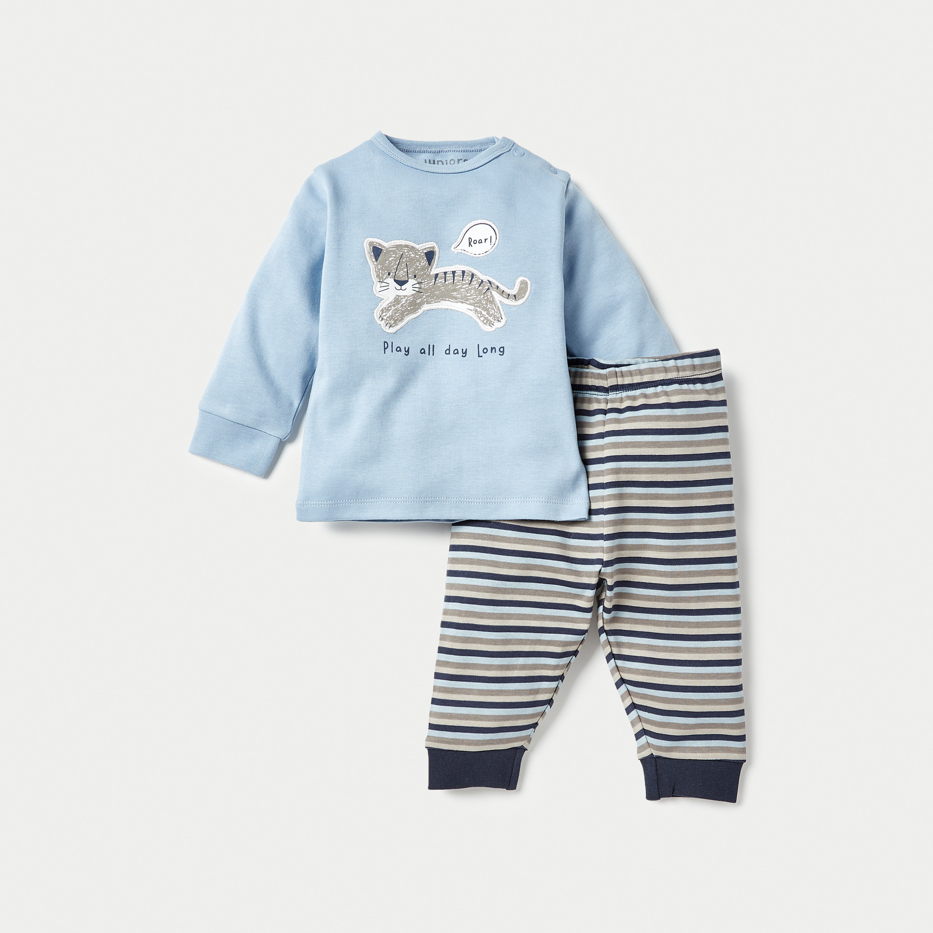 Juniors Cat Print Long Sleeves T-shirt with Pyjamas - Set of 2-baby-boys-clothing-nightwear-pyjamasets-image-2