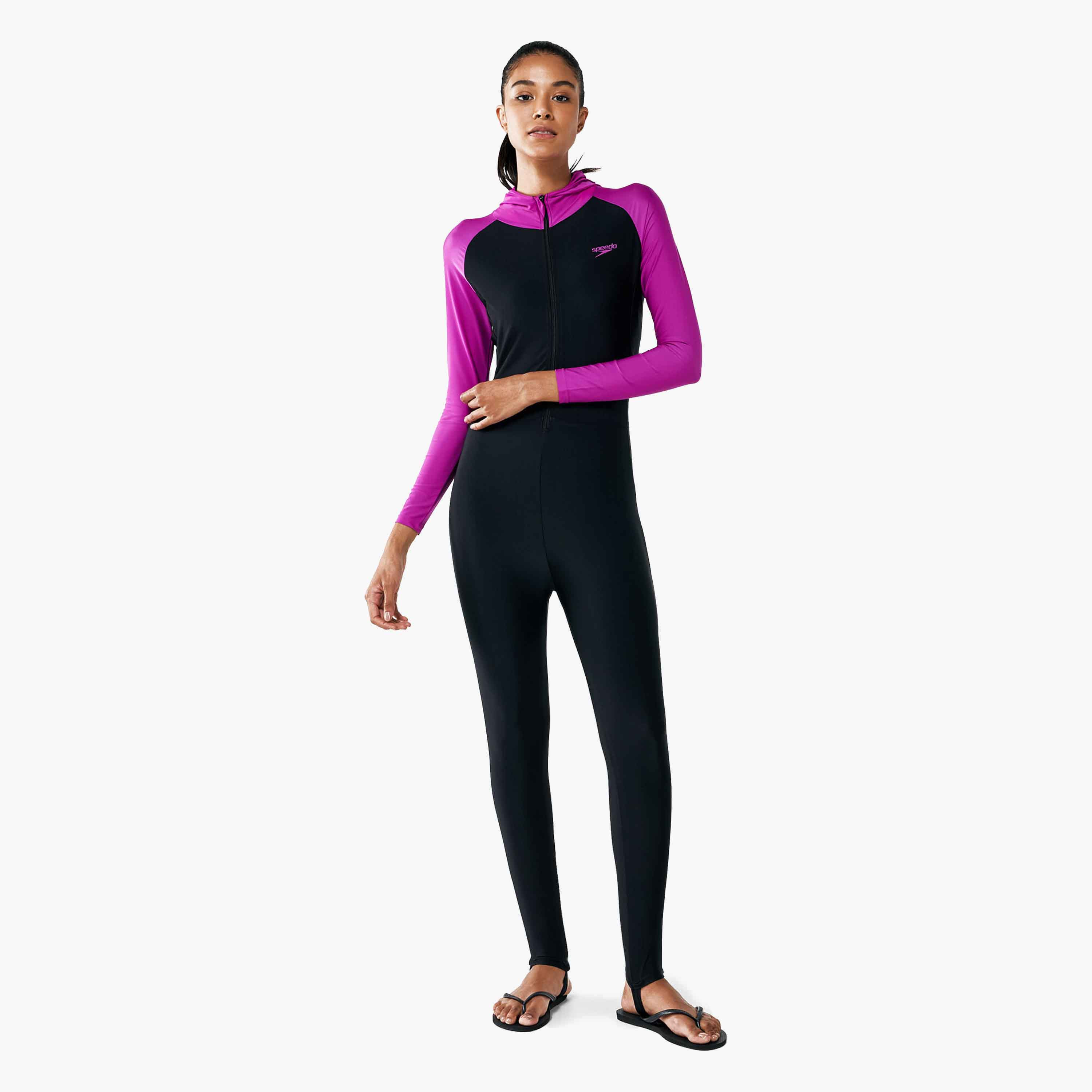 بدلة القفز الأساسية للسيدات مع هودي من سبيدو ، أسود للنساء / وردي كهربائي-sports-women-clothing-swimwear-image-1
