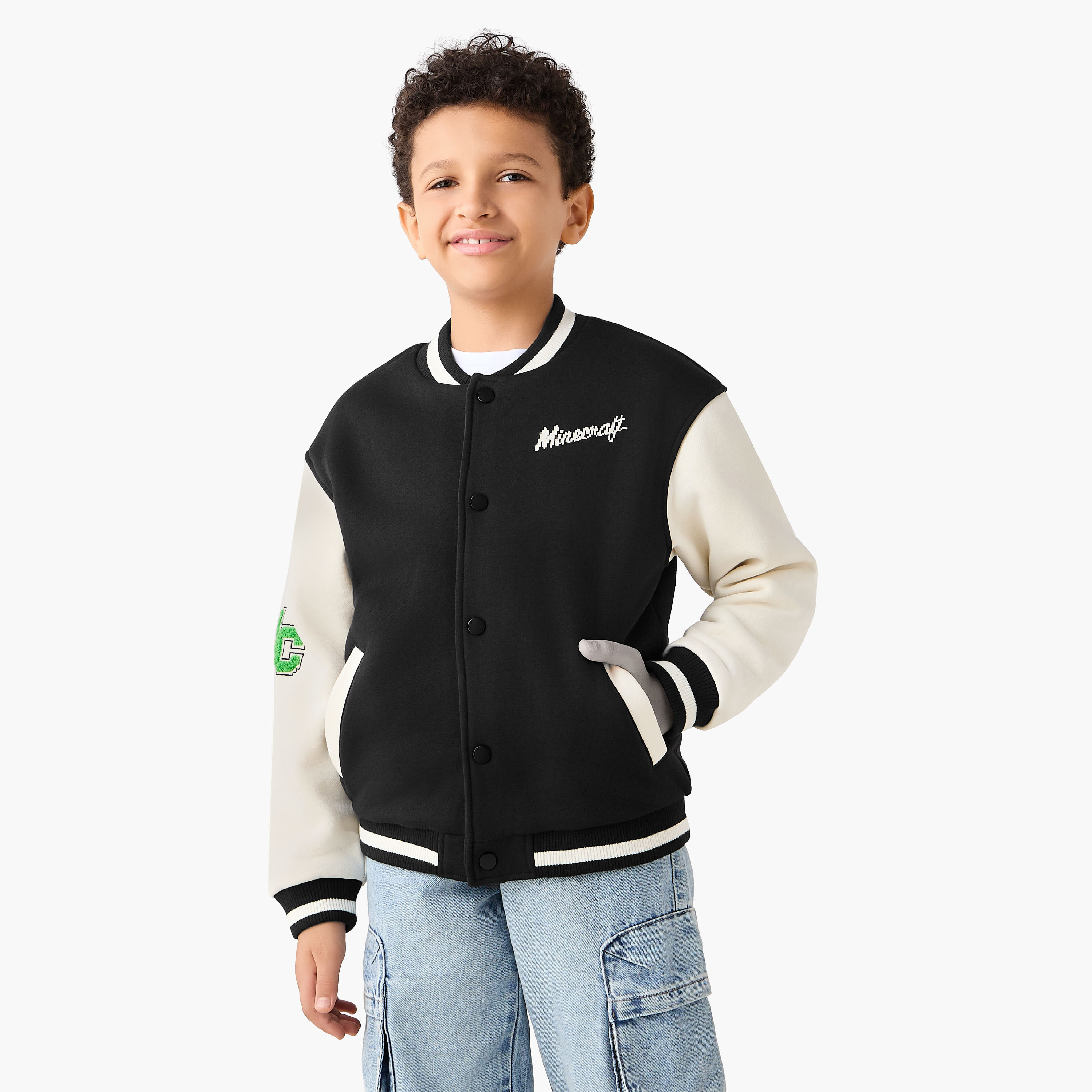 Minecraft Embroidered Bomber Jacket with Long Sleeves and Pockets-boys-clothing-jacketsandcoats-image-1