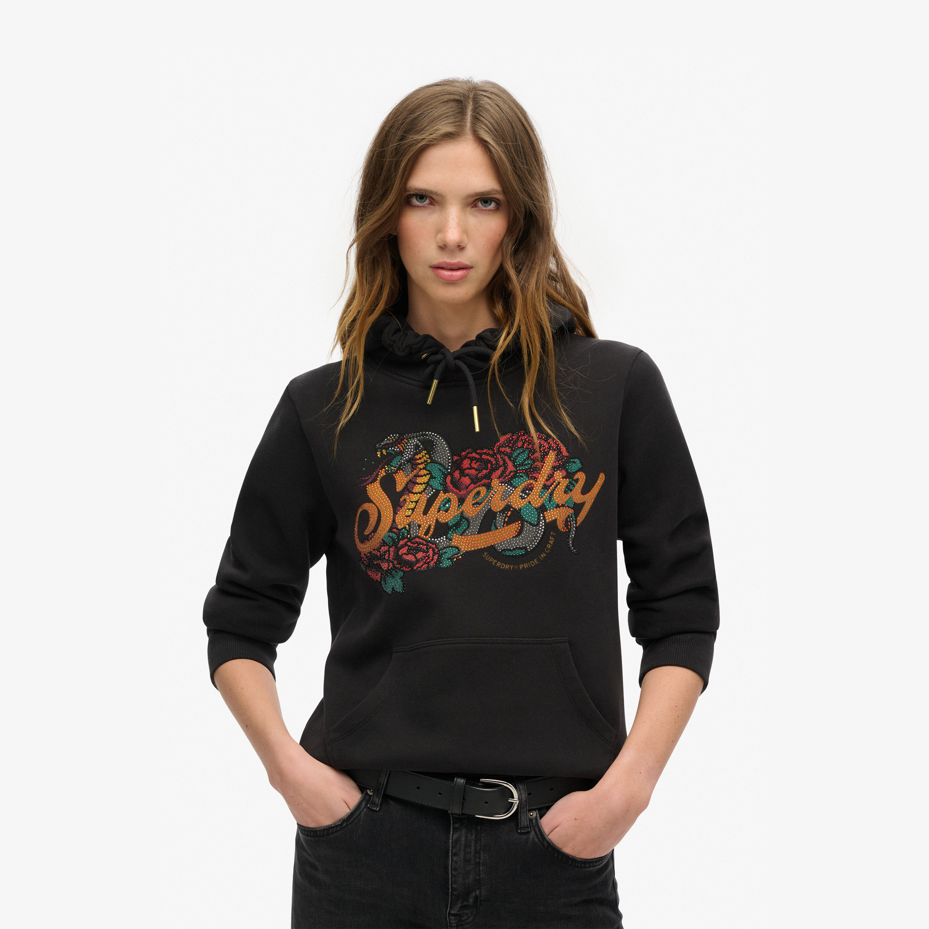 هودي نسائي بياقة دائرية وأكمام قصيرة بشعار أحجار الراين من سوبردراي-women-clothing-hoodiesandsweatshirts-hoodies-image-1