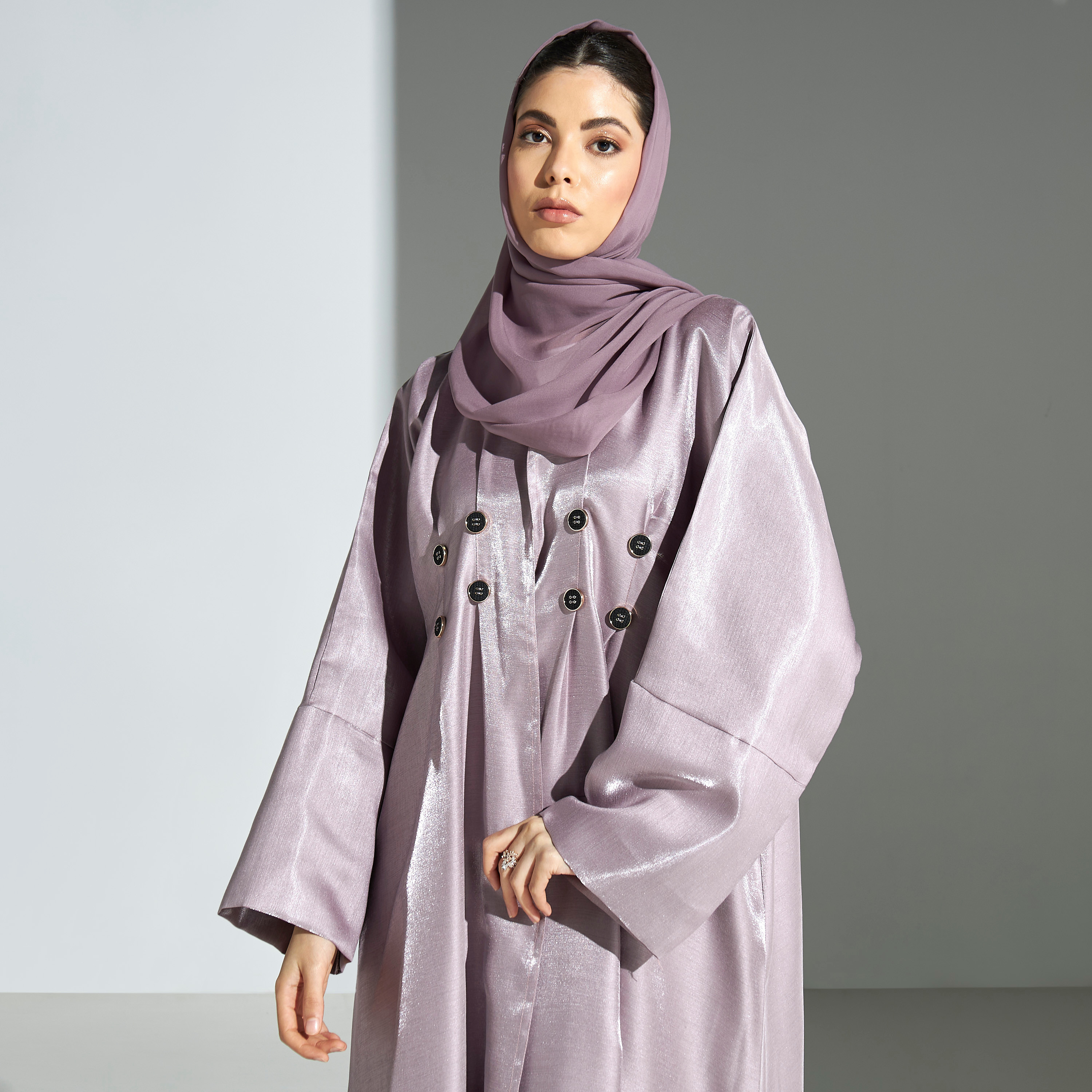 Malikah Solid Abaya with Button Detail and Hijab-women-arabicclothing-abayas-image-2