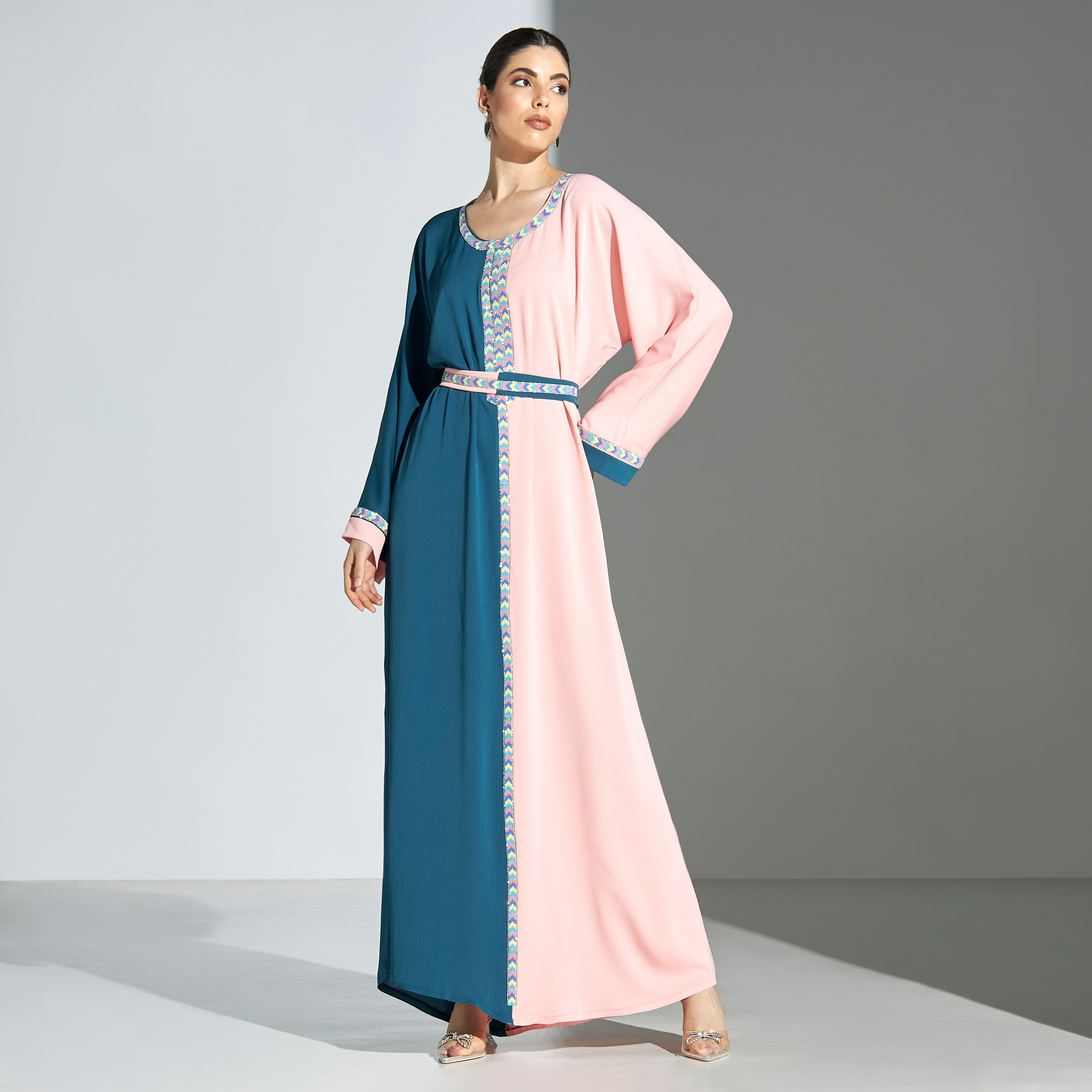 Malikah Colorblock Abaya with Embroidered Detail and Hijab-women-arabicclothing-abayas-image-1