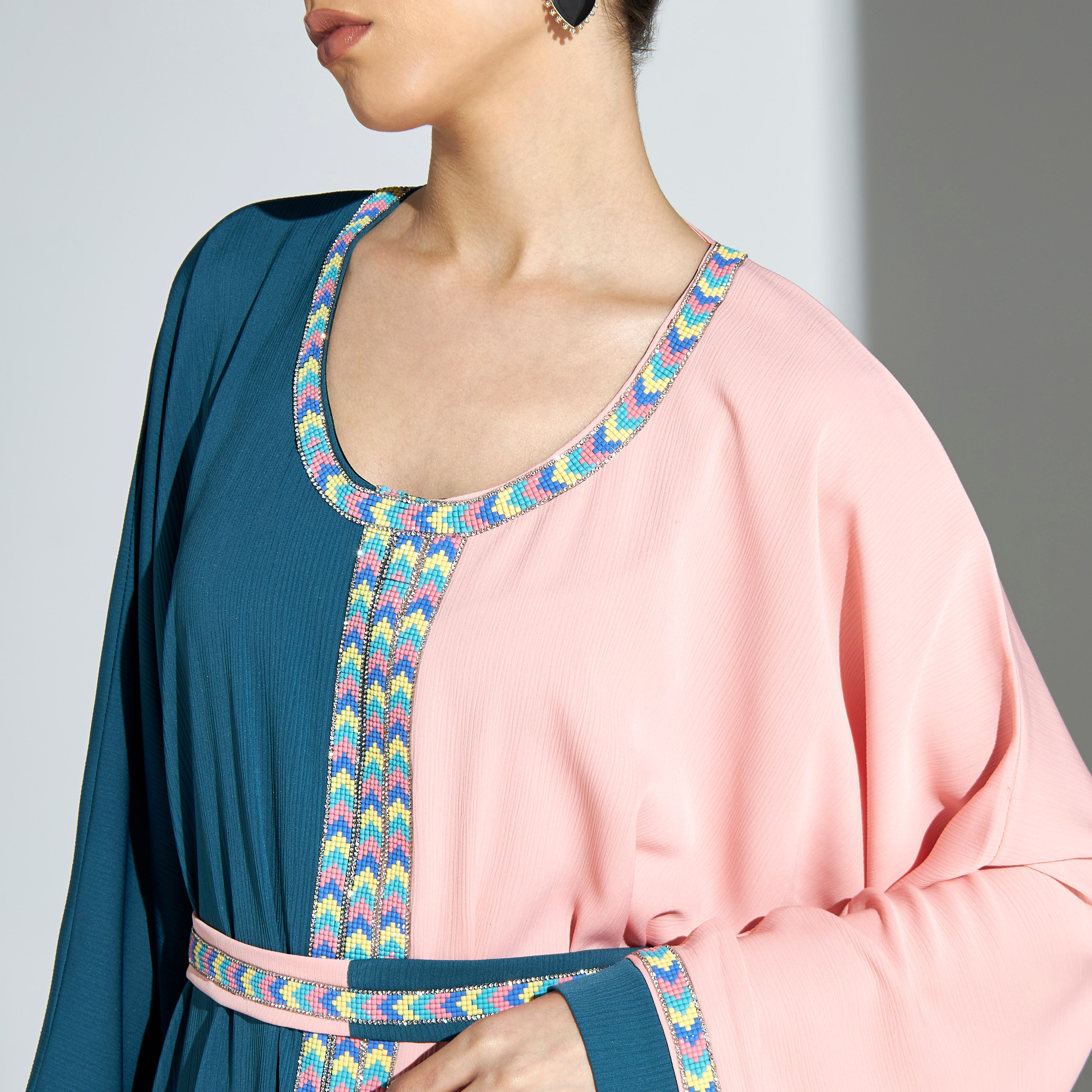 Malikah Colorblock Abaya with Embroidered Detail and Hijab-women-arabicclothing-abayas-image-3