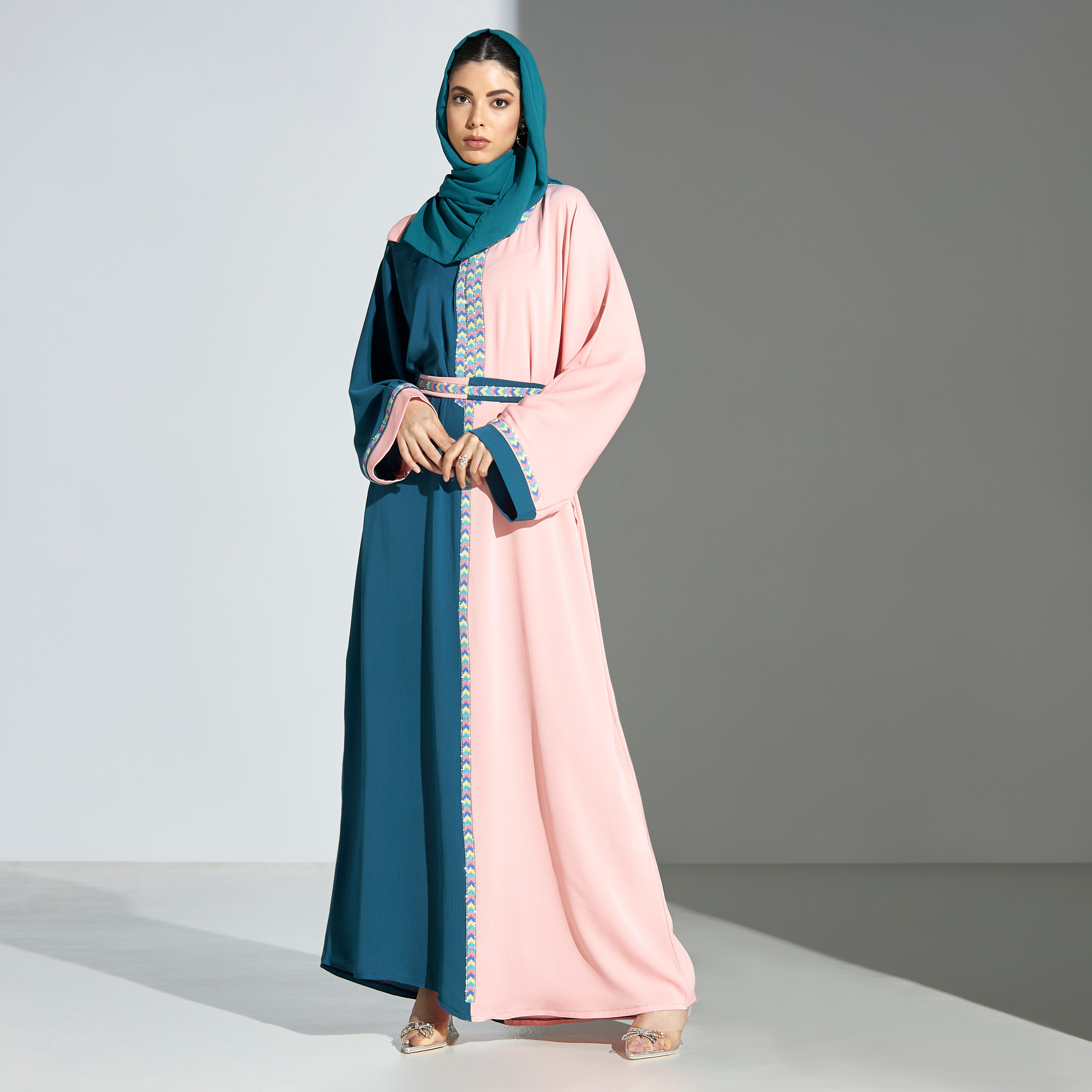 Malikah Colorblock Abaya with Embroidered Detail and Hijab-women-arabicclothing-abayas-image-4