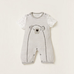 Juniors Striped Romper with Short Sleeves and Embroidery Detail