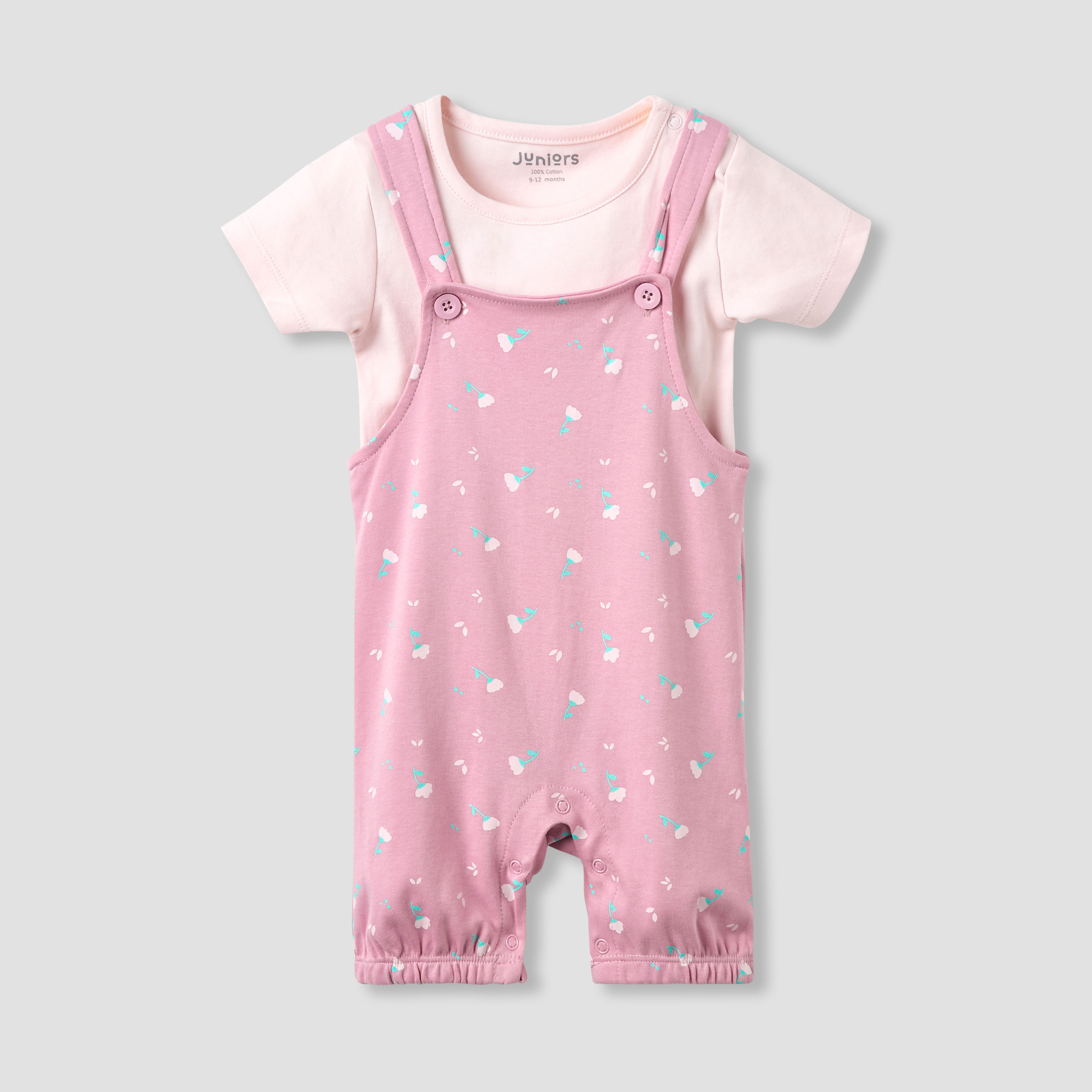 Juniors Crew Neck Short Sleeve T-shirt and Dungaree Set with Floral Print-baby-girls-clothing-rompers-image-2