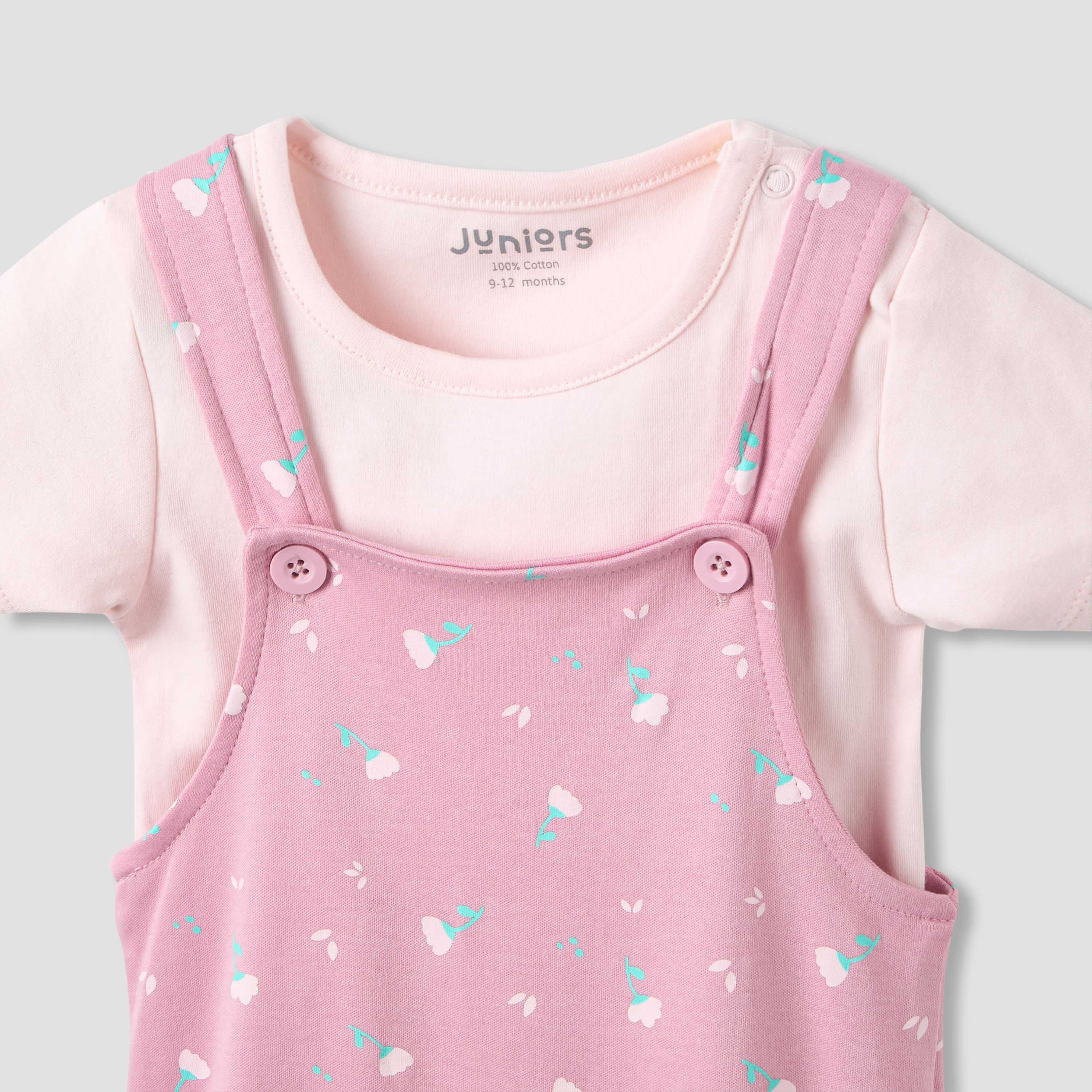 Juniors Crew Neck Short Sleeve T-shirt and Dungaree Set with Floral Print-baby-girls-clothing-rompers-image-5