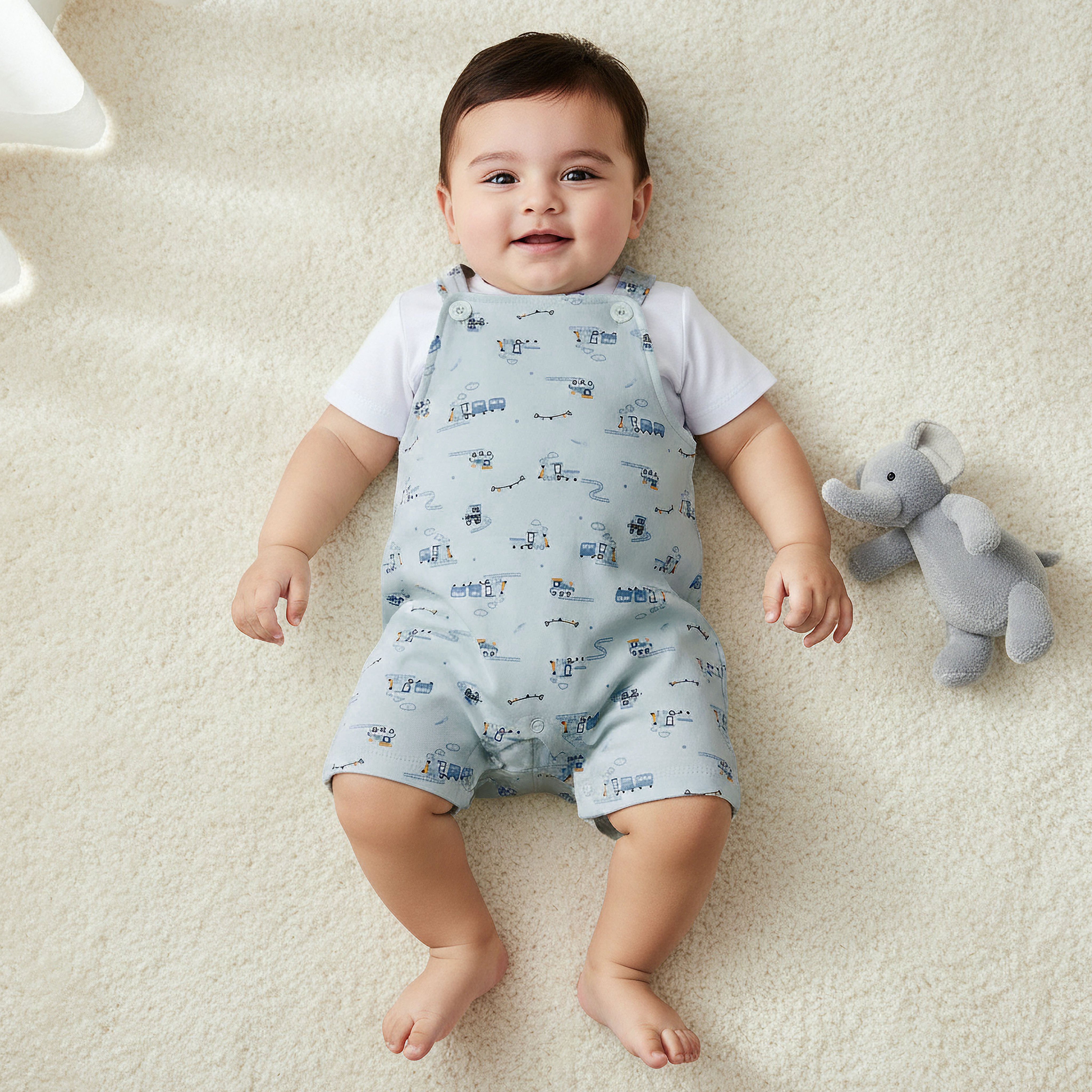 Juniors Crew Neck Short Sleeve T-shirt and Dungaree Set with Train Print-baby-boys-clothing-rompers-image-1