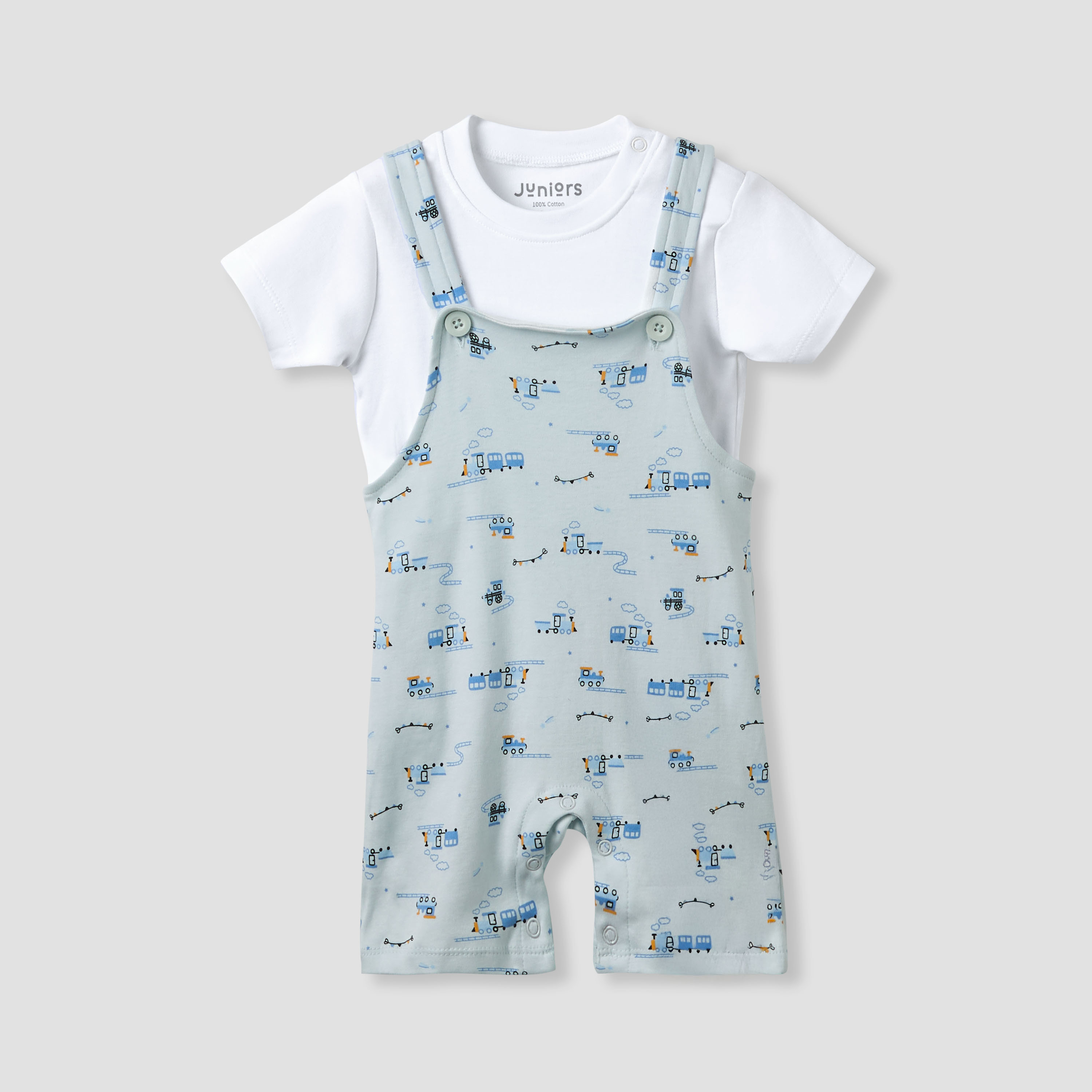 Juniors Crew Neck Short Sleeve T-shirt and Dungaree Set with Train Print-baby-boys-clothing-rompers-image-2