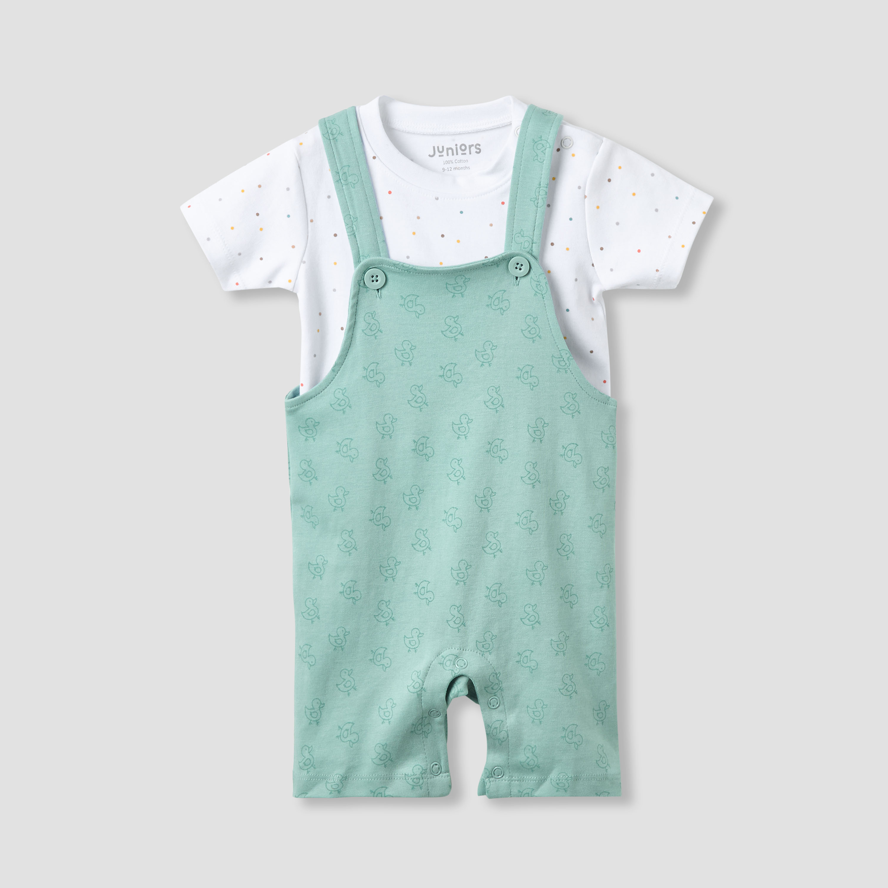 Juniors Round Neck Short Sleeve T-shirt and Dungaree Set with Duck Print-baby-boys-clothing-rompers-image-2