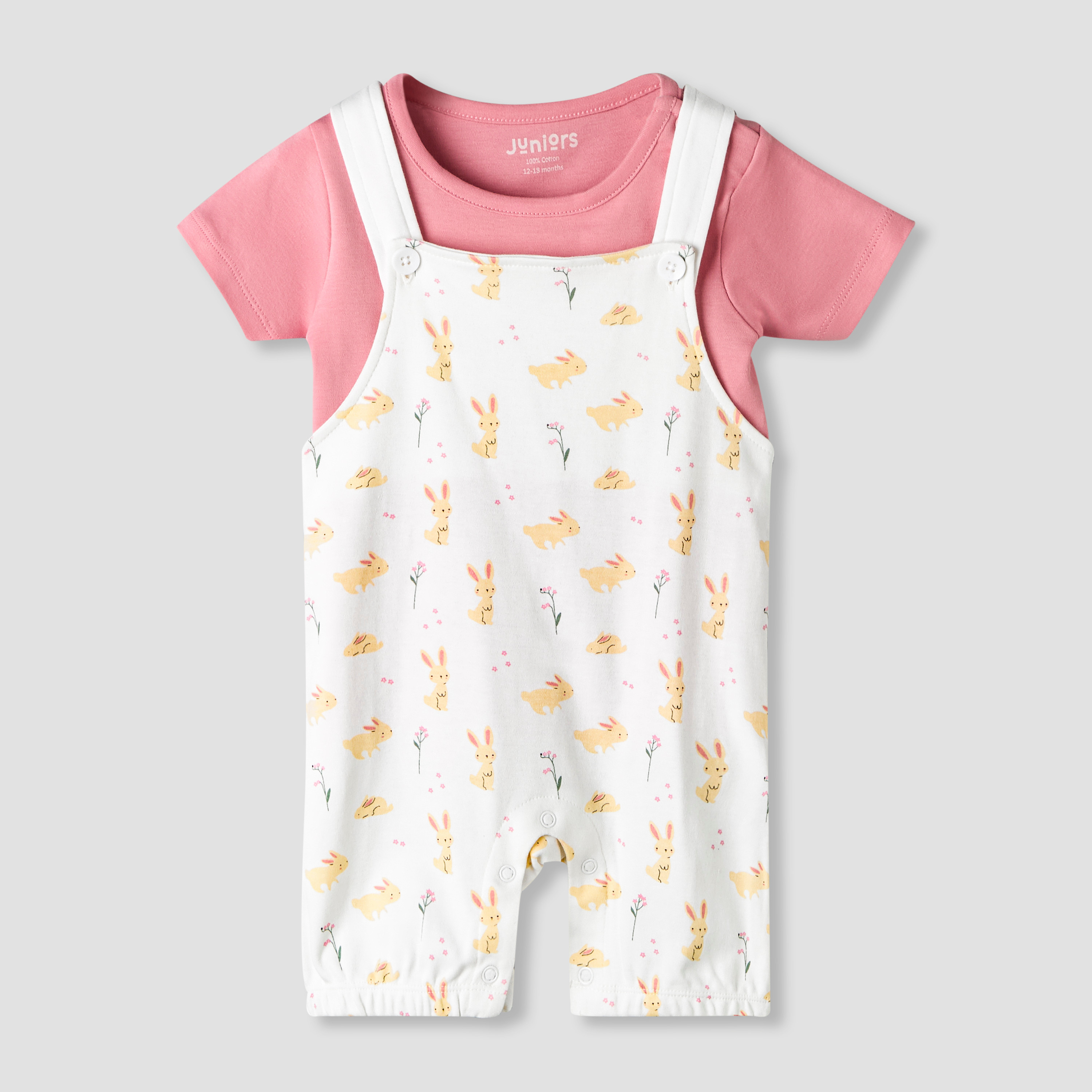 Juniors Short Sleeves T-shirt and Dungaree Set with Bunny Print-baby-girls-clothing-rompers-image-2