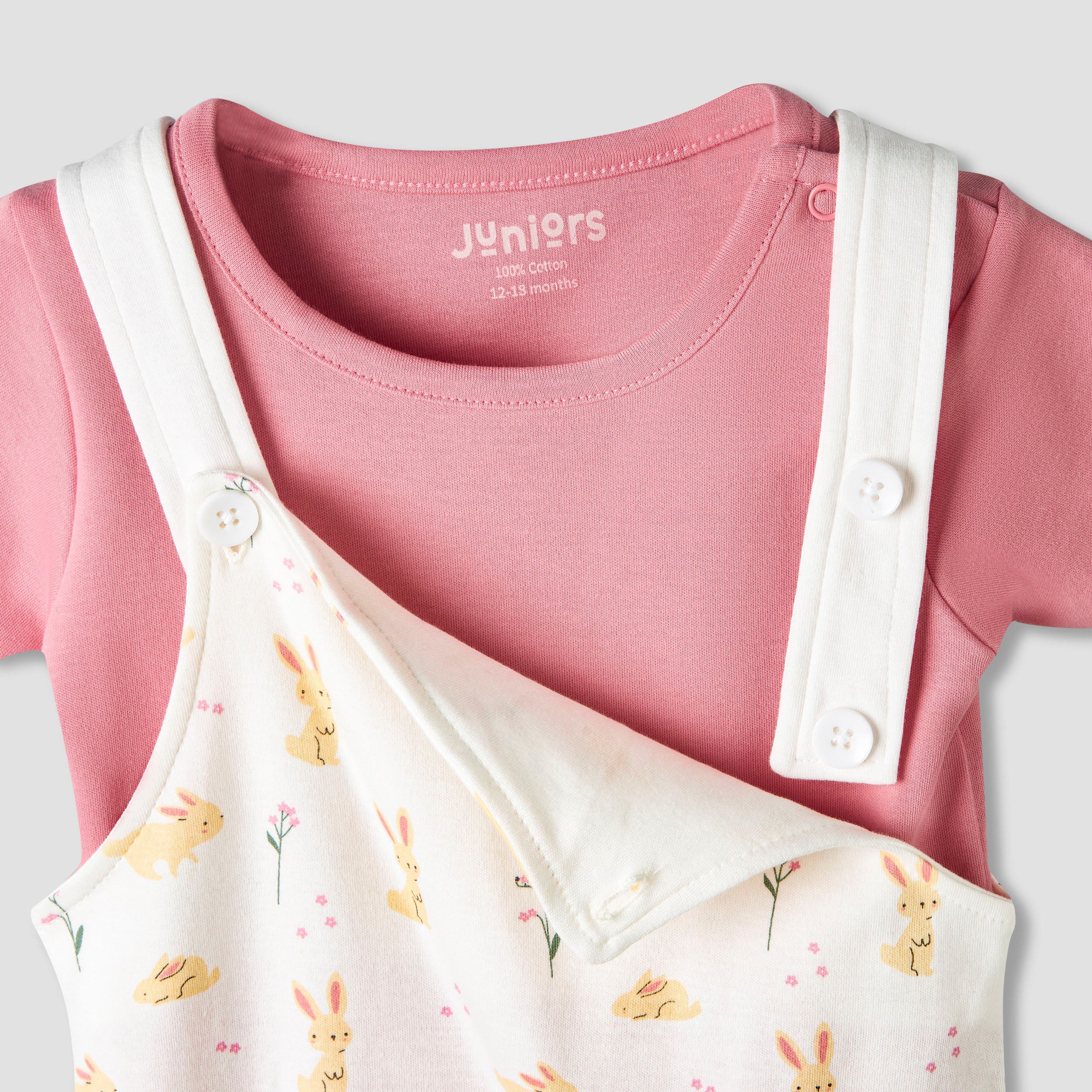 Juniors Short Sleeves T-shirt and Dungaree Set with Bunny Print-baby-girls-clothing-rompers-image-9