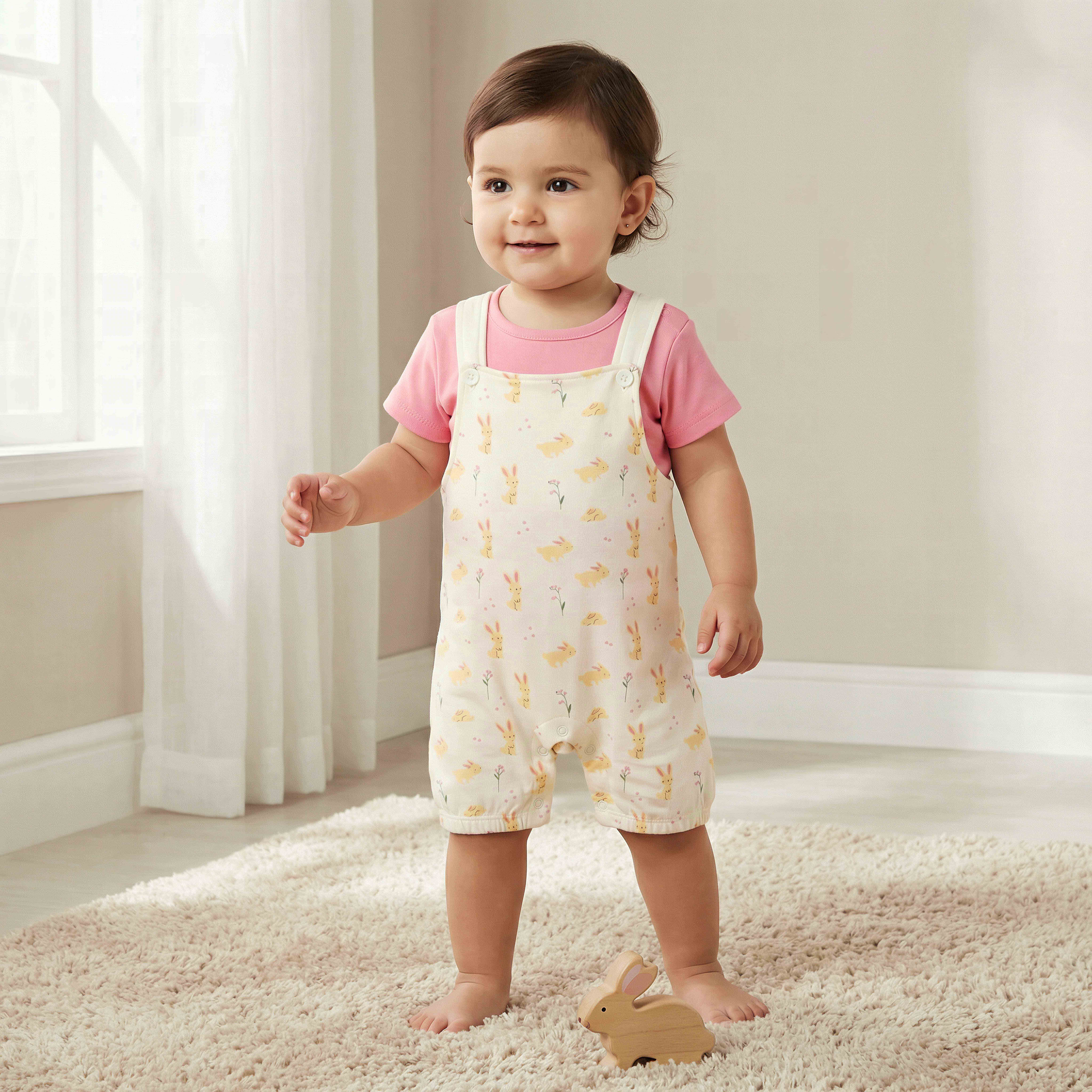 Juniors Short Sleeves T-shirt and Dungaree Set with Bunny Print-baby-girls-clothing-rompers-image-1