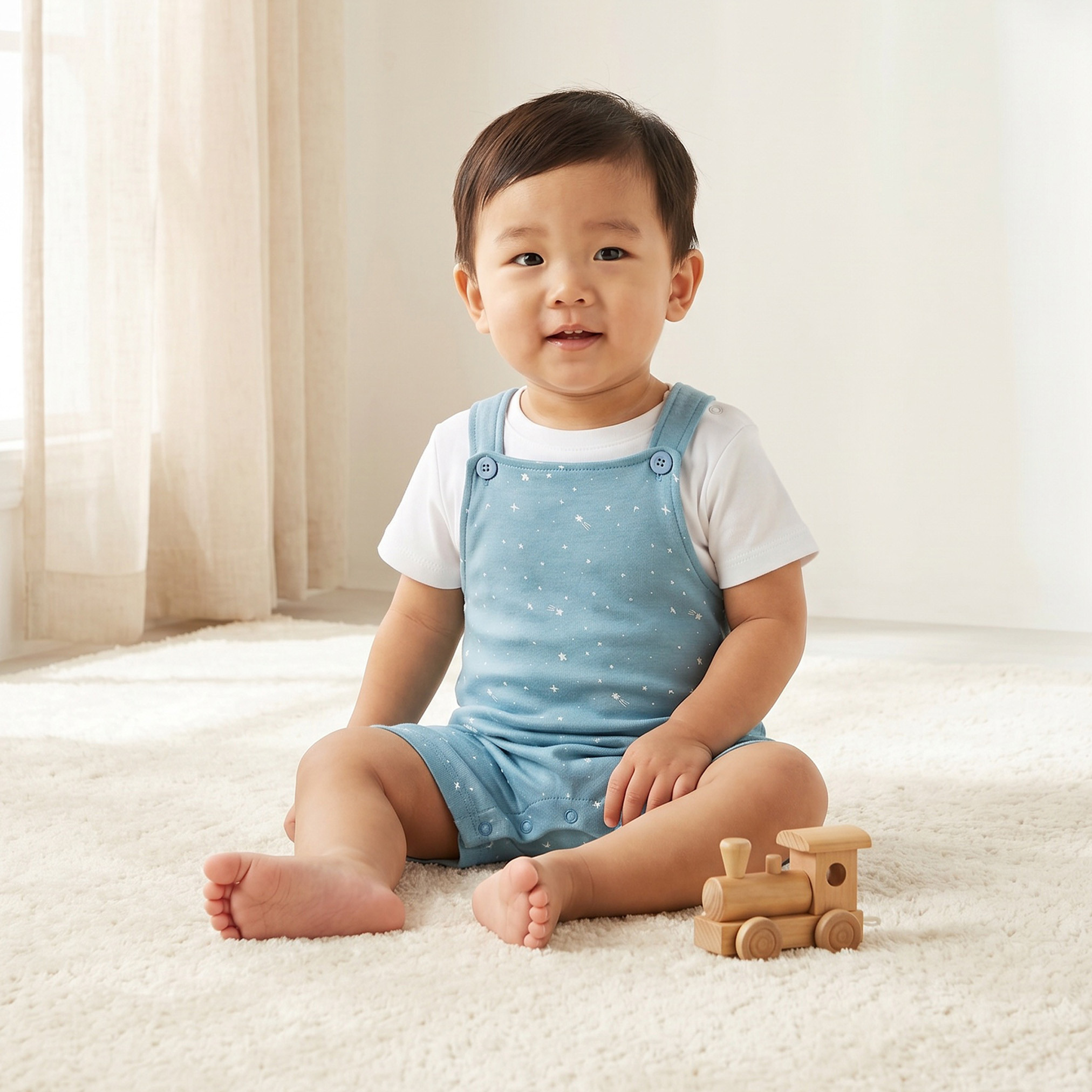 Juniors Crew Neck Short Sleeves T-shirt and Dungaree Set with Star Print-baby-boys-clothing-rompers-image-1