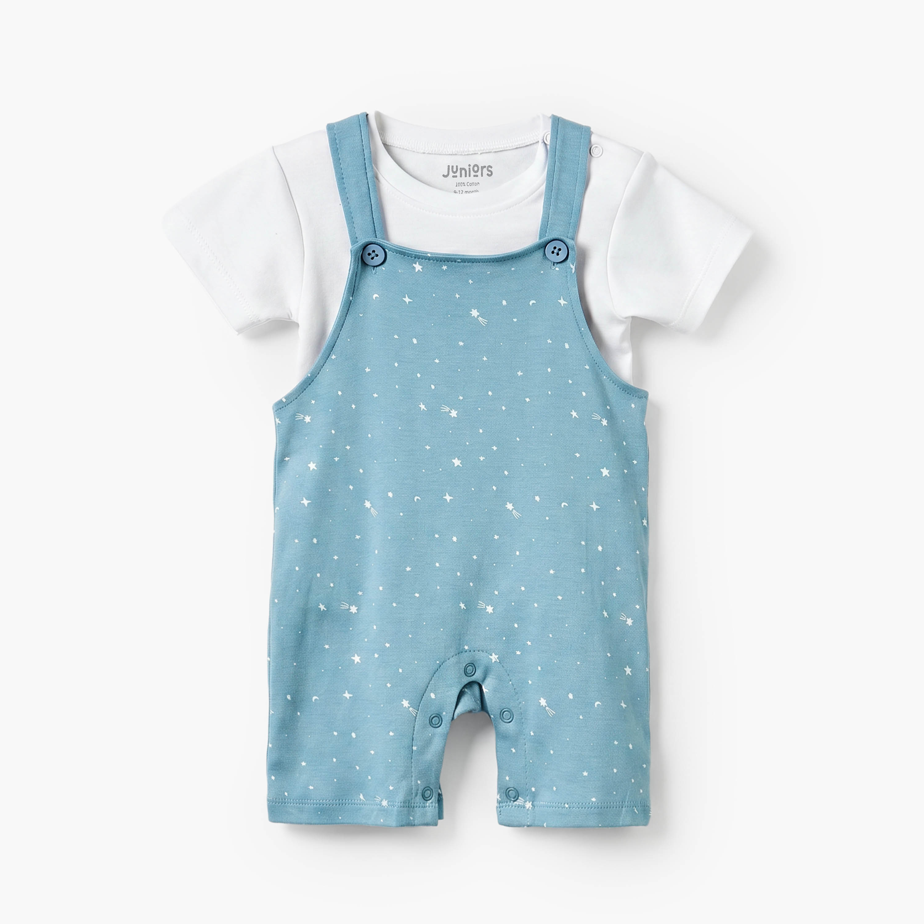 Juniors Crew Neck Short Sleeves T-shirt and Dungaree Set with Star Print-baby-boys-clothing-rompers-image-2