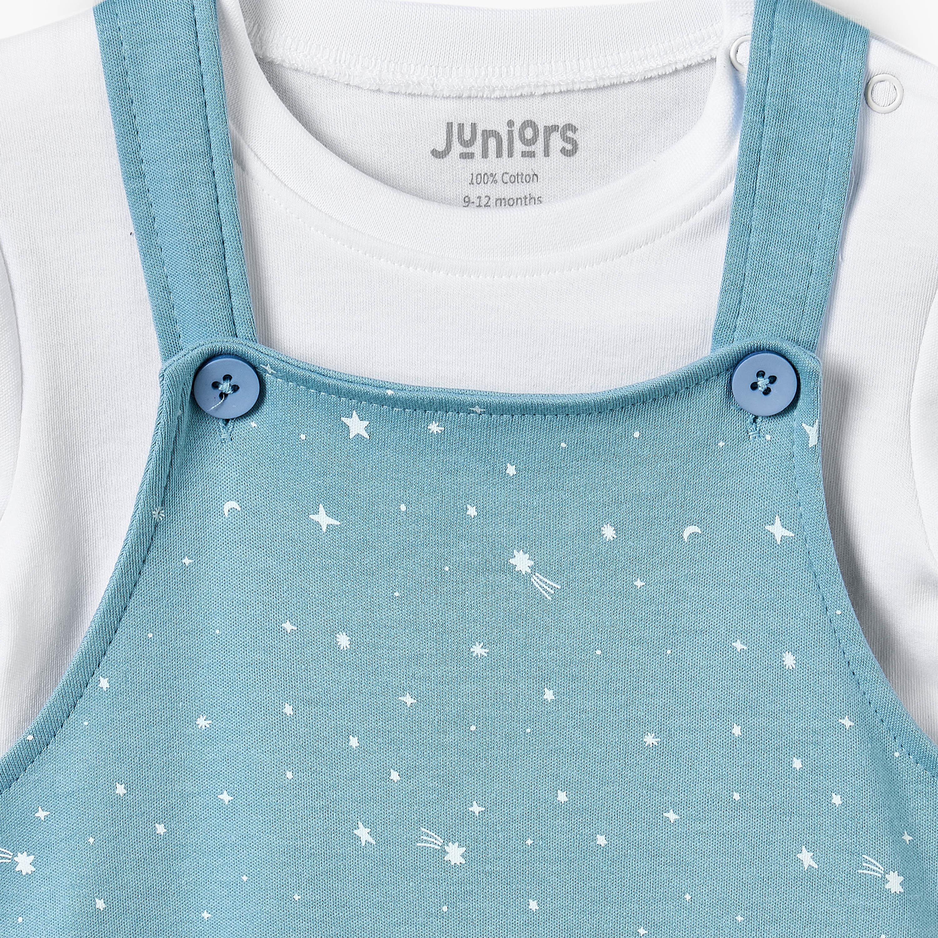 Juniors Crew Neck Short Sleeves T-shirt and Dungaree Set with Star Print-baby-boys-clothing-rompers-image-6