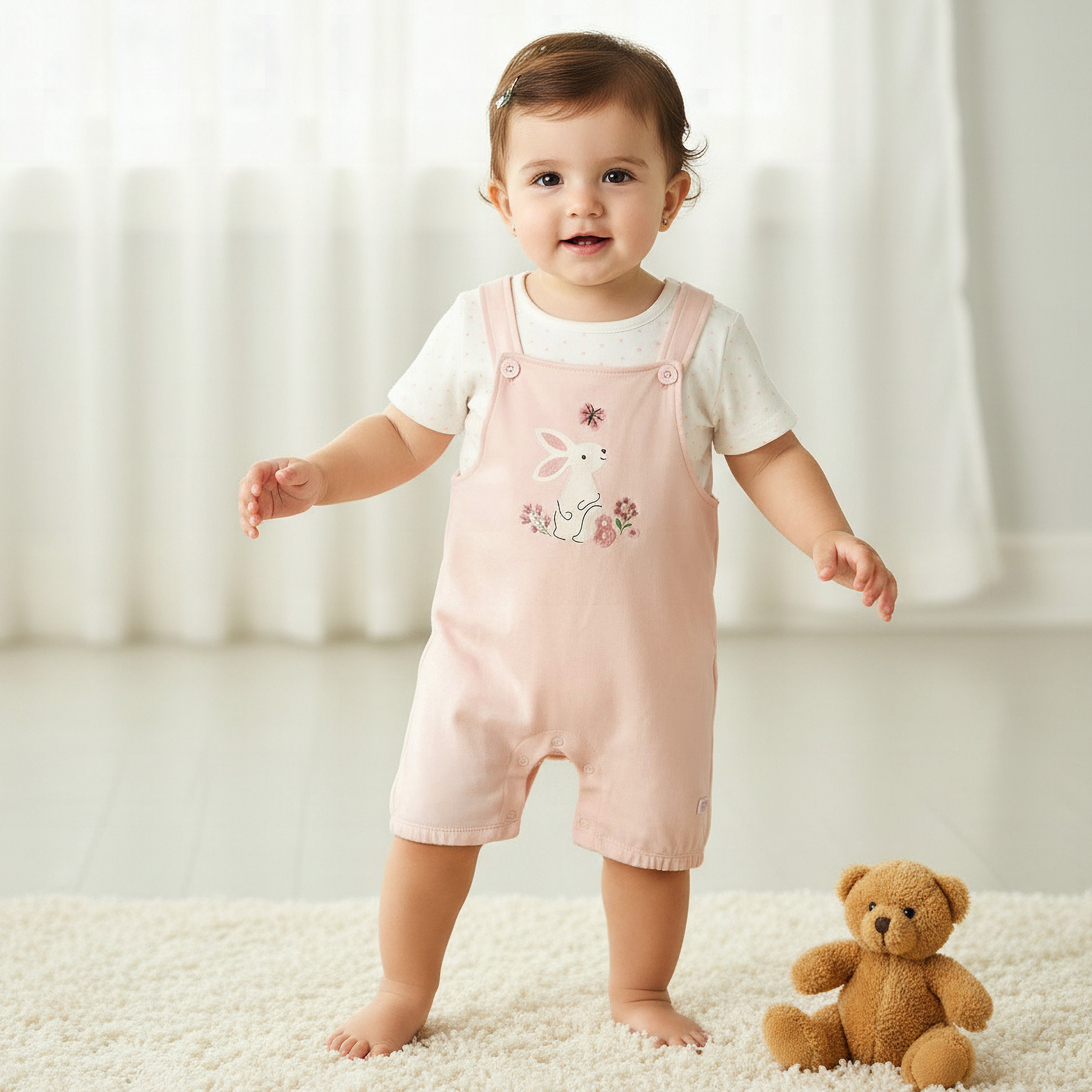 Juniors Short Sleeves T-shirt and Dungaree Set with Bunny Print-baby-girls-clothing-rompers-image-2